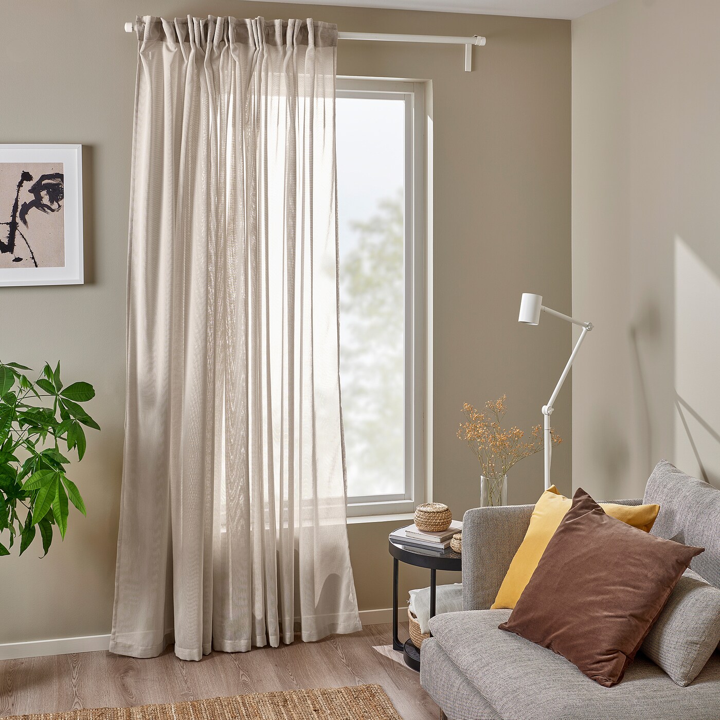 ÄNGSFRYLE sheer curtain, 1 piece beige/with heading tape - IKEA