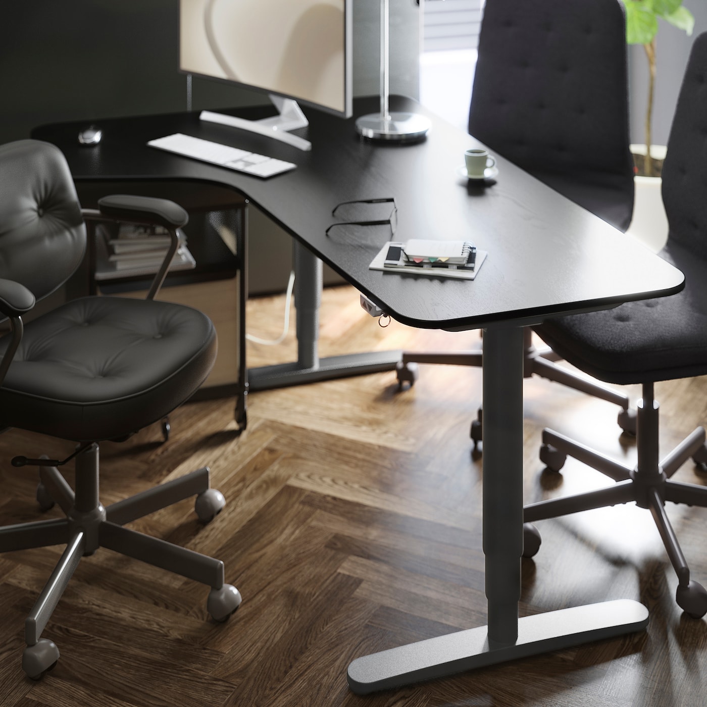BEKANT corner desk left sit stand black stained ash veneer black IKEA