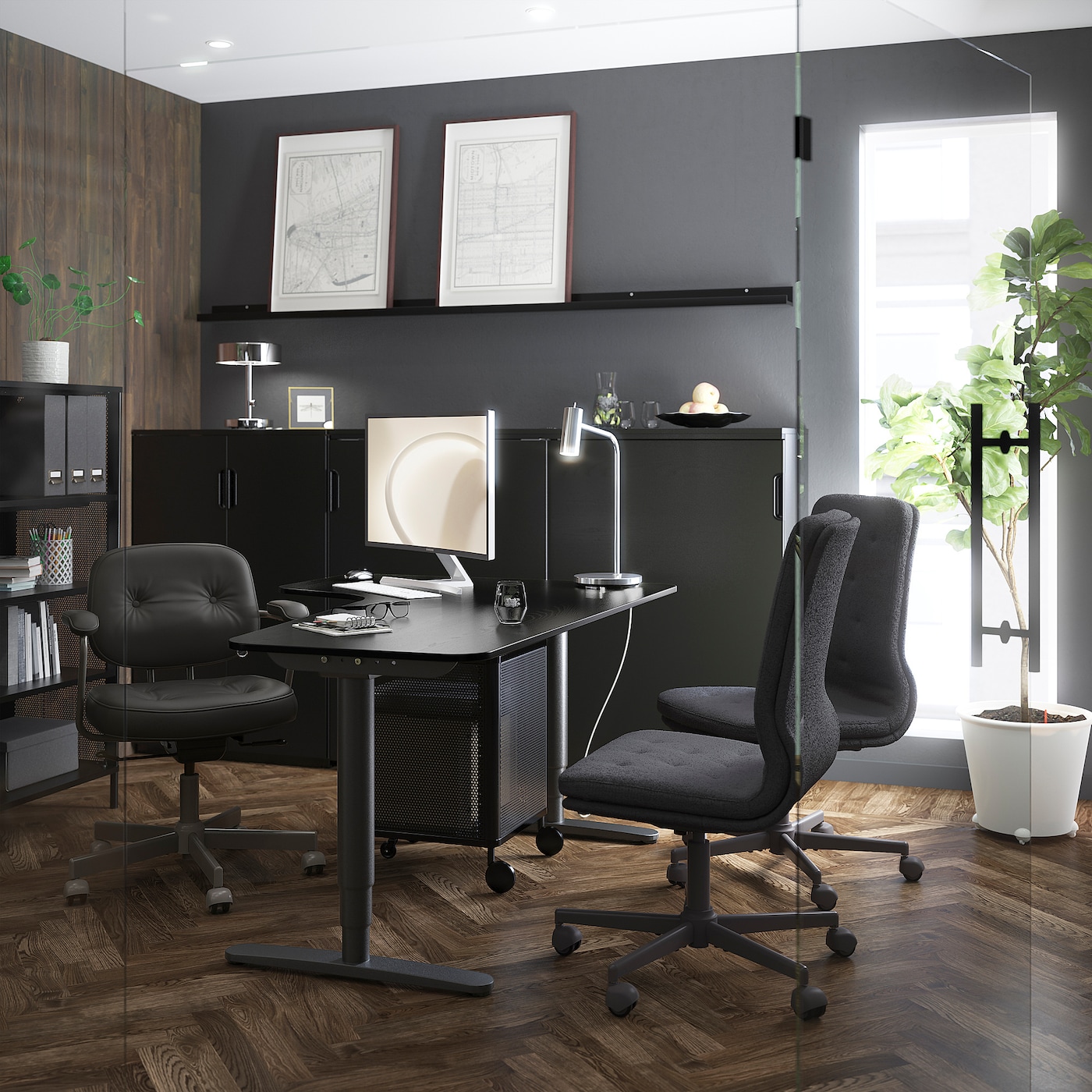 BEKANT corner desk left sit stand black stained ash veneer black IKEA
