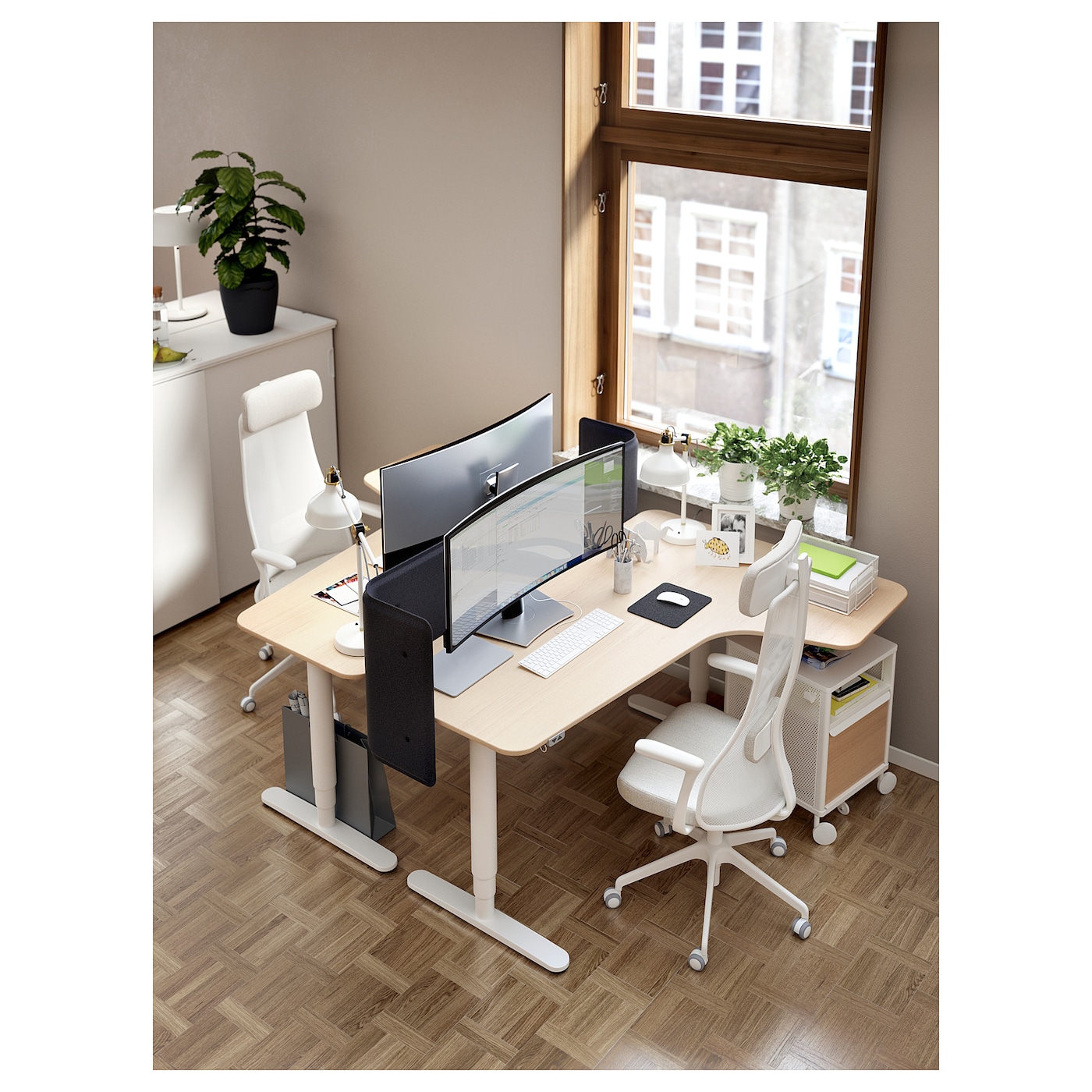 BEKANT corner desk left sit/stand white stained oak veneer