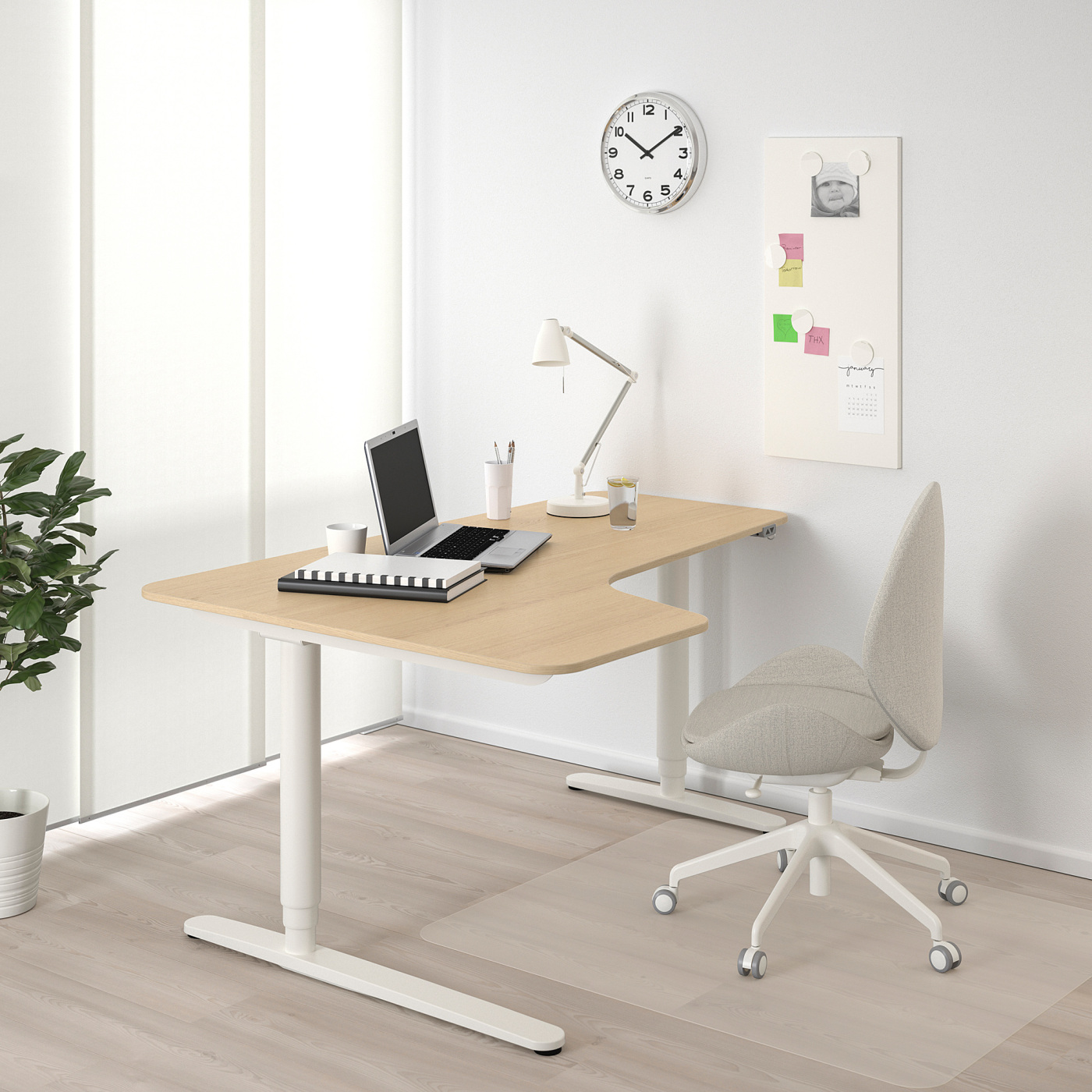 BEKANT corner desk left sit/stand white stained oak veneer/white