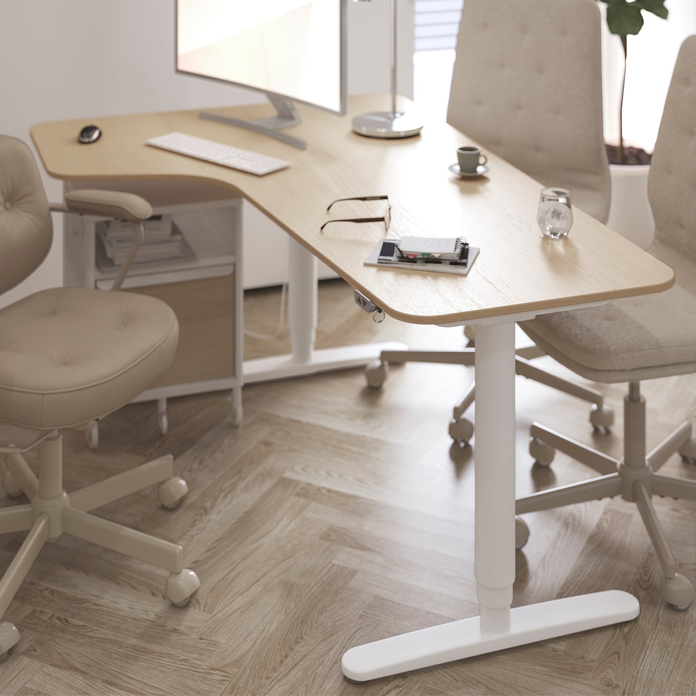 BEKANT corner desk left sit stand white stained oak veneer white IKEA