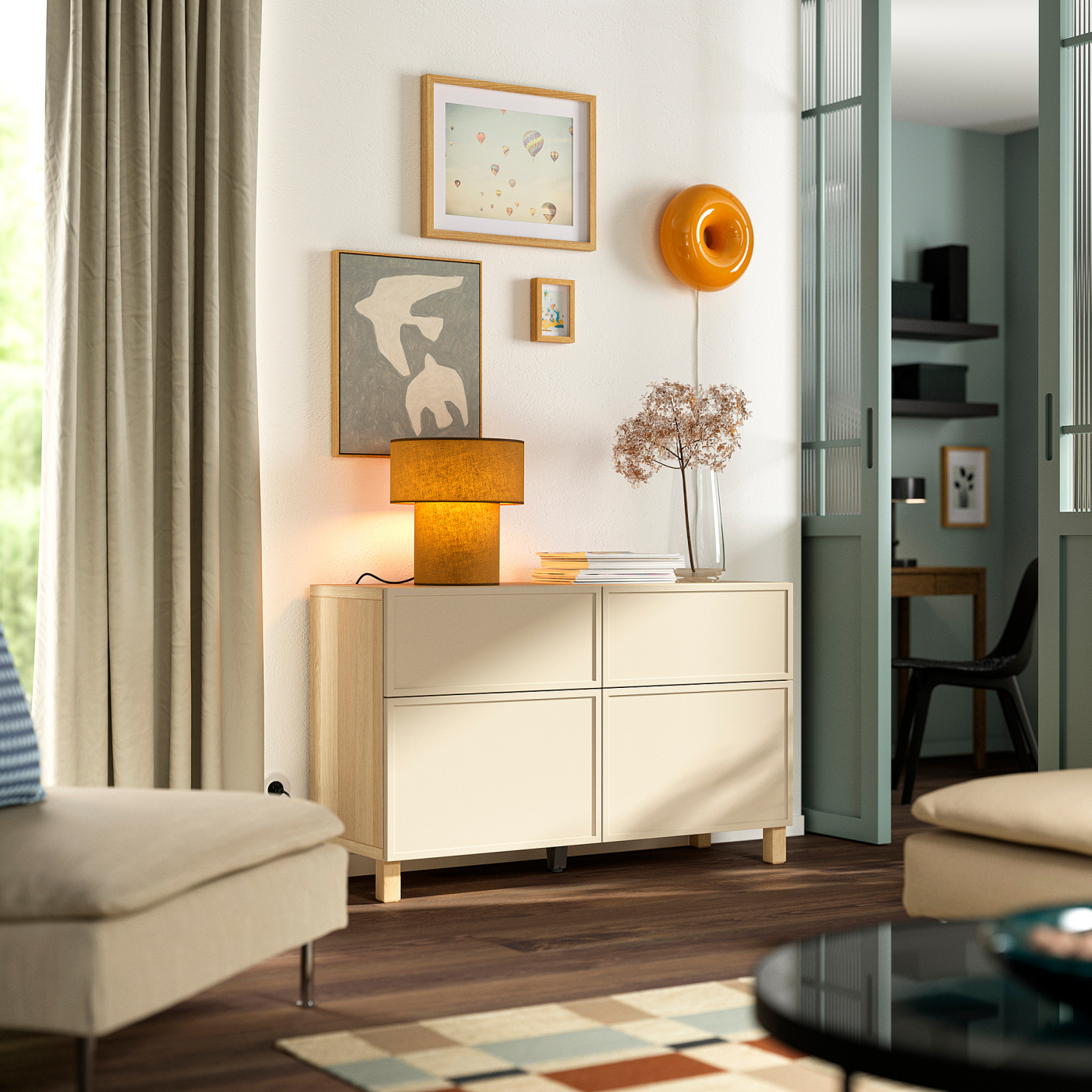 【マロン】 BESTÅ storage combination w doors/drawers white stained oak effect