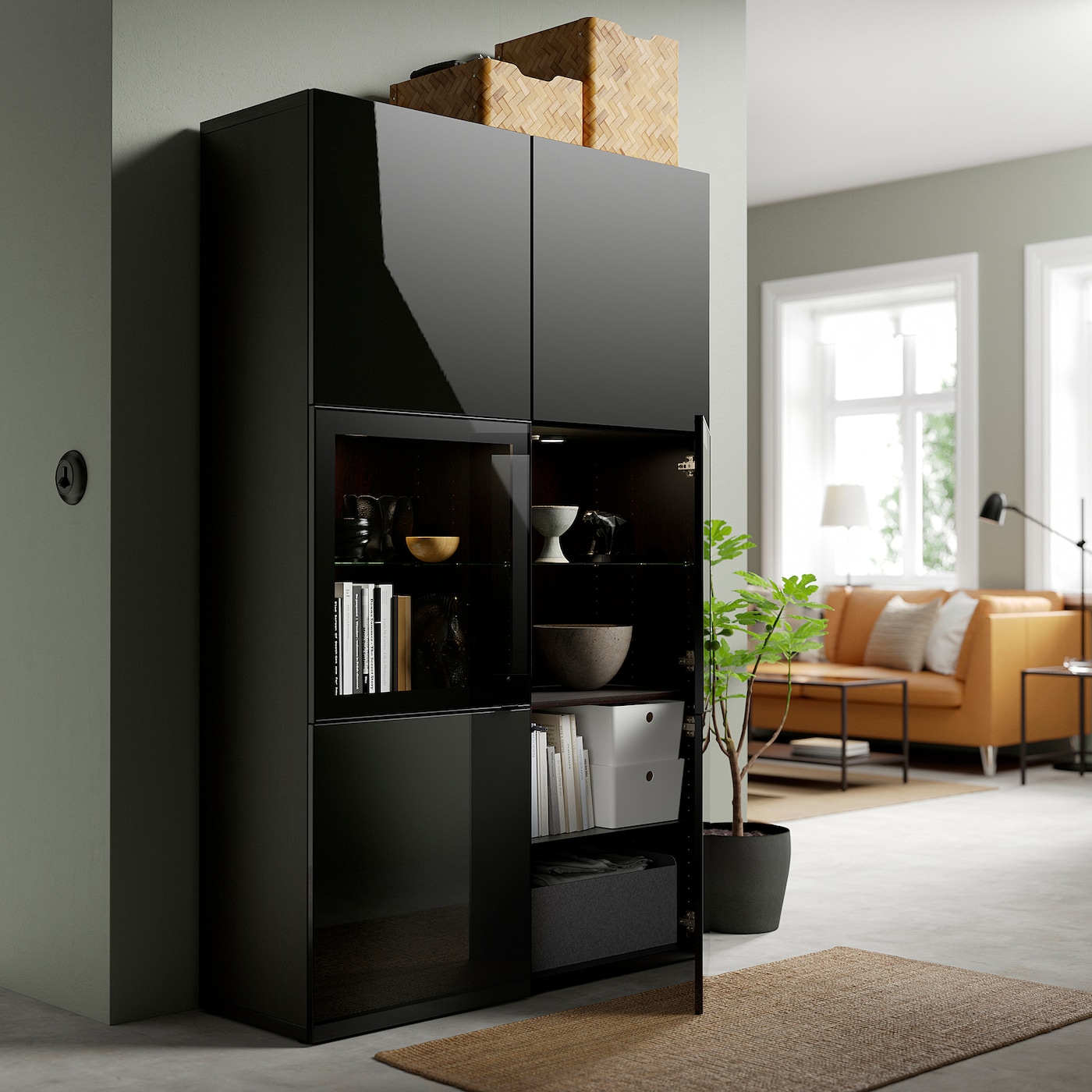 IKEA BESTÅ/GLASSVIK】組み立て途中品 3台セット ランプ付き BESTÅ storage combination with doors, white/Sindvik/Stubbarp