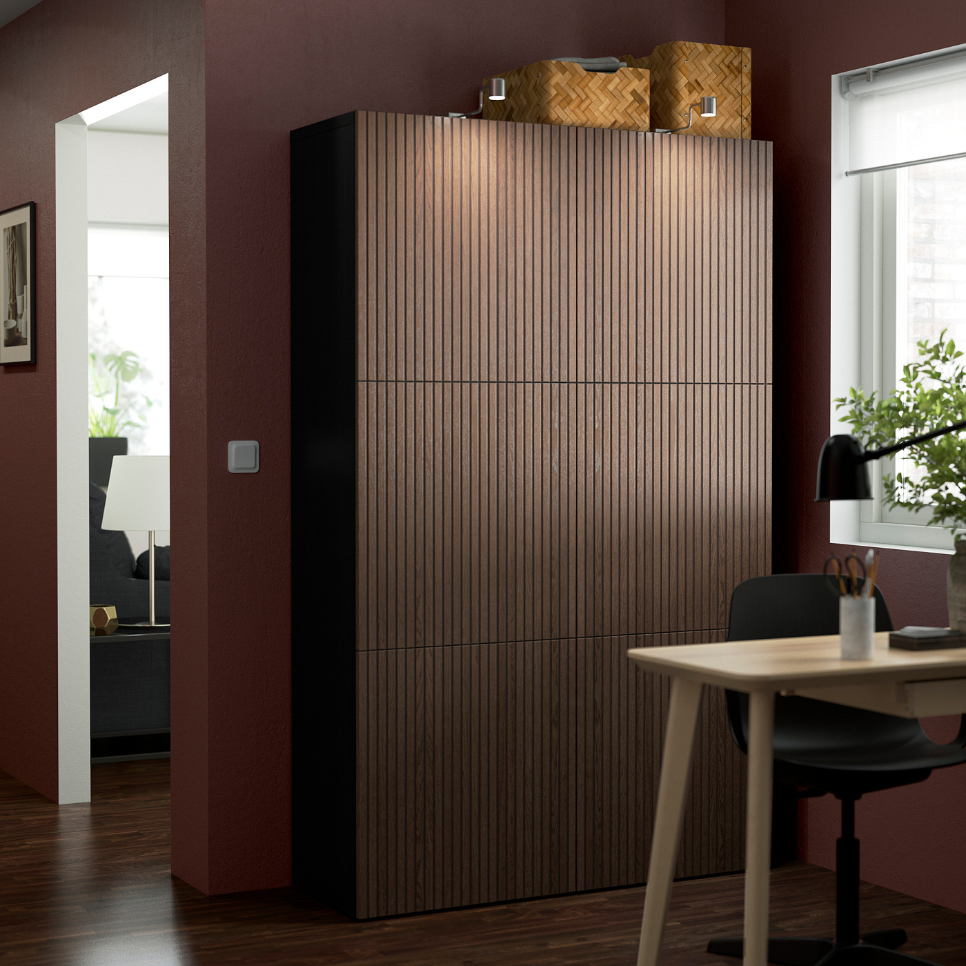 IKEA 姿見　ブラウン PAX / STORKLINTA wardrobe combination, gray-beige/dark-brown