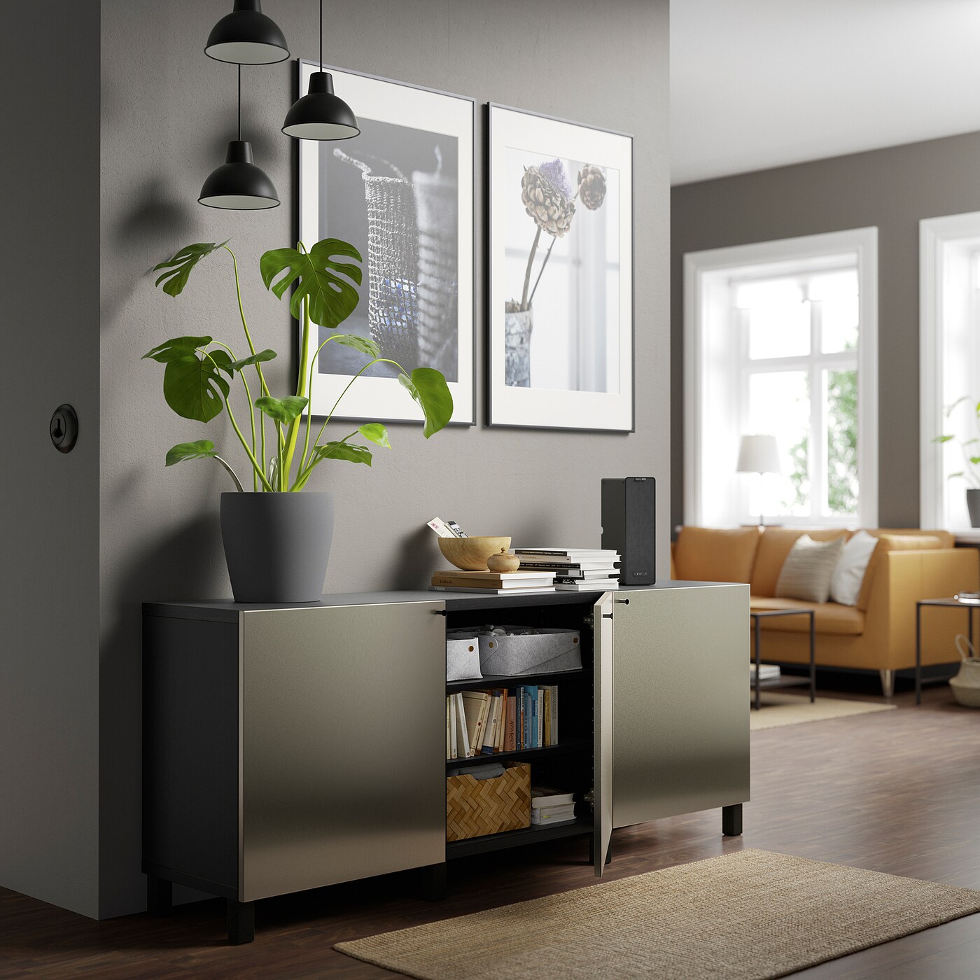 BESTÅ storage combination with doors black-brown/Riksviken