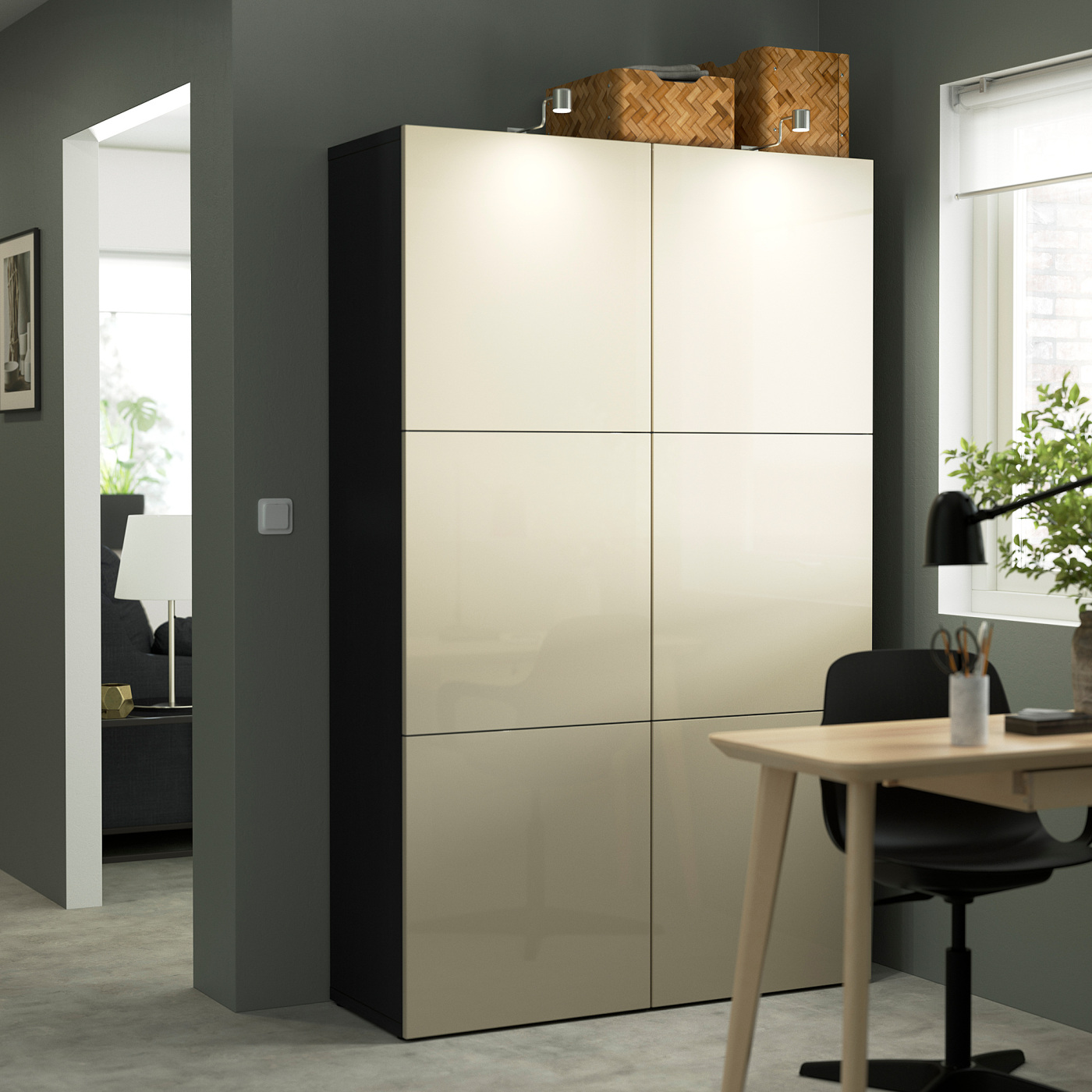 BESTÅ storage combination with doors black-brown/Selsviken high