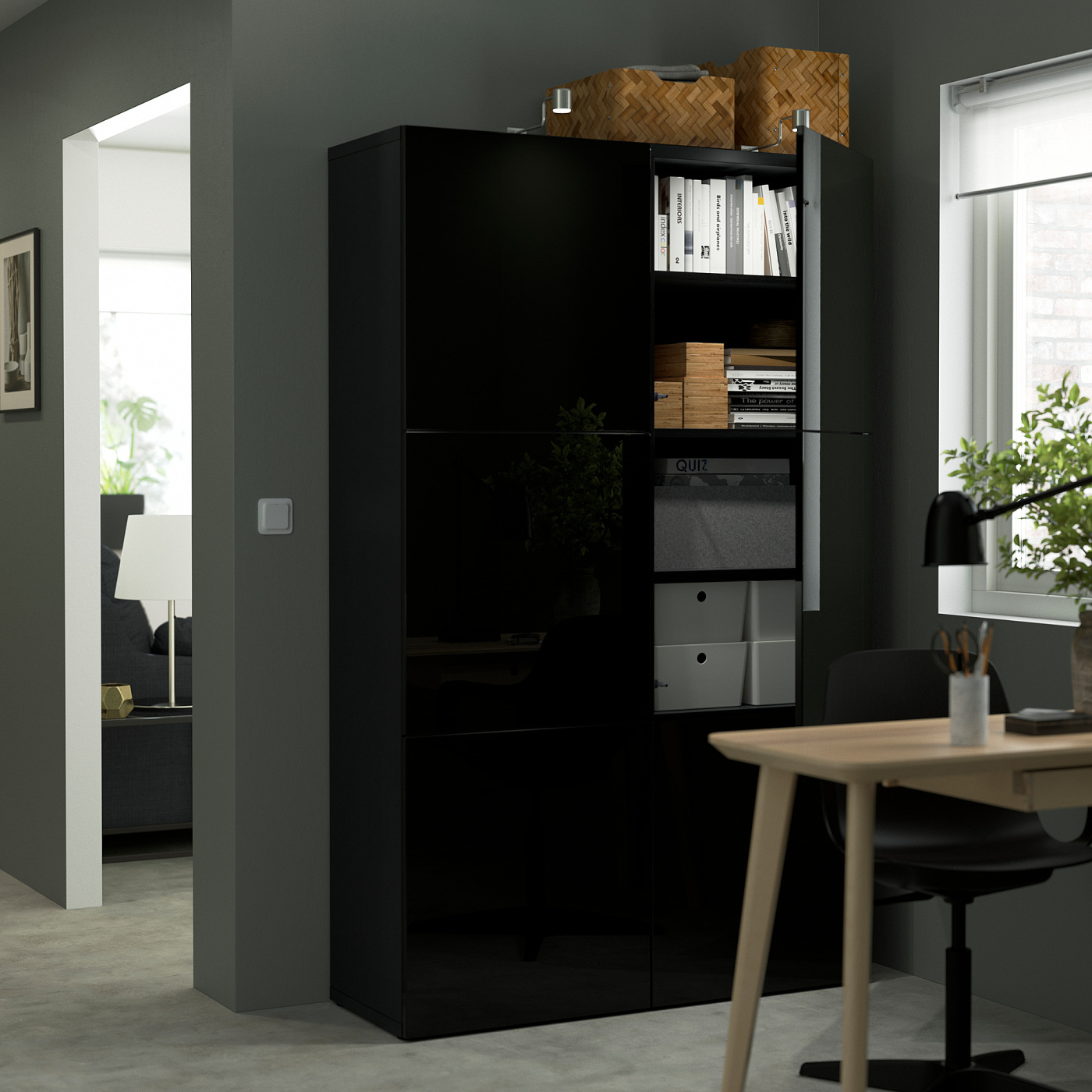 BESTÅ storage combination with doors black-brown/Selsviken high