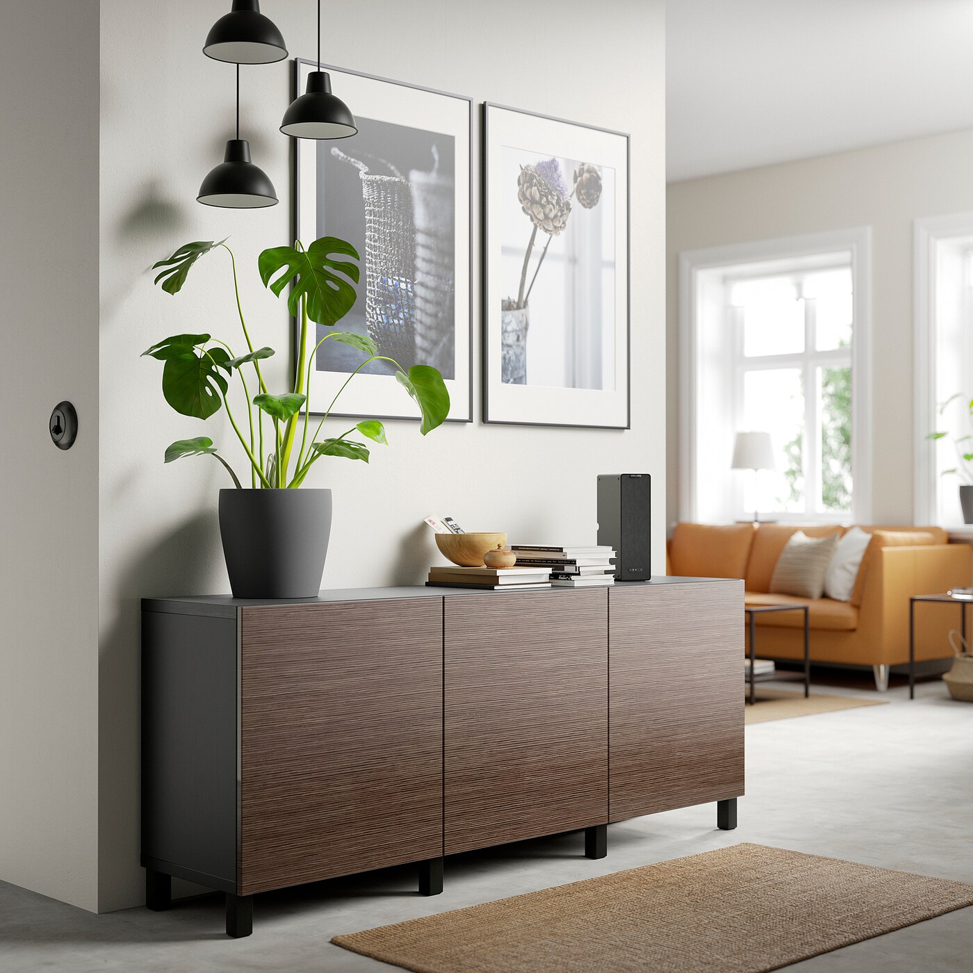 BESTÅ storage combination with doors black-brown/Selsviken