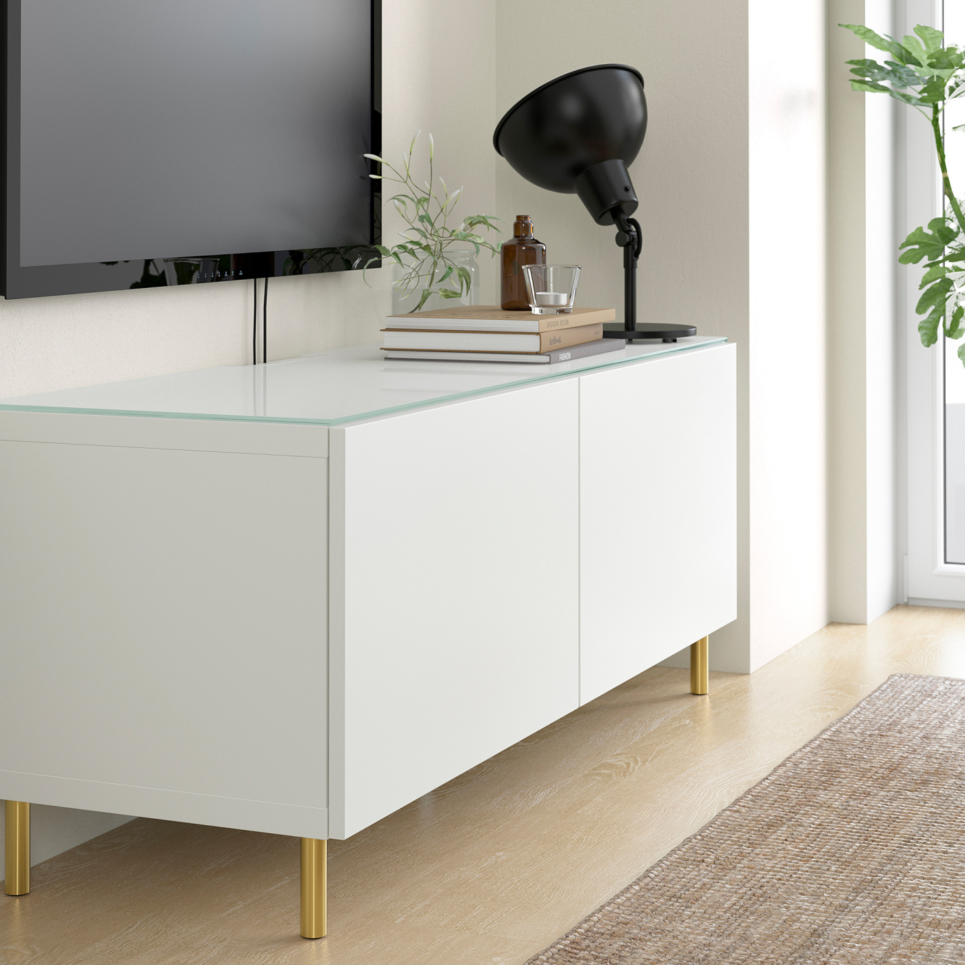 BESTÅ top panel for TV glass white/light green - IKEA