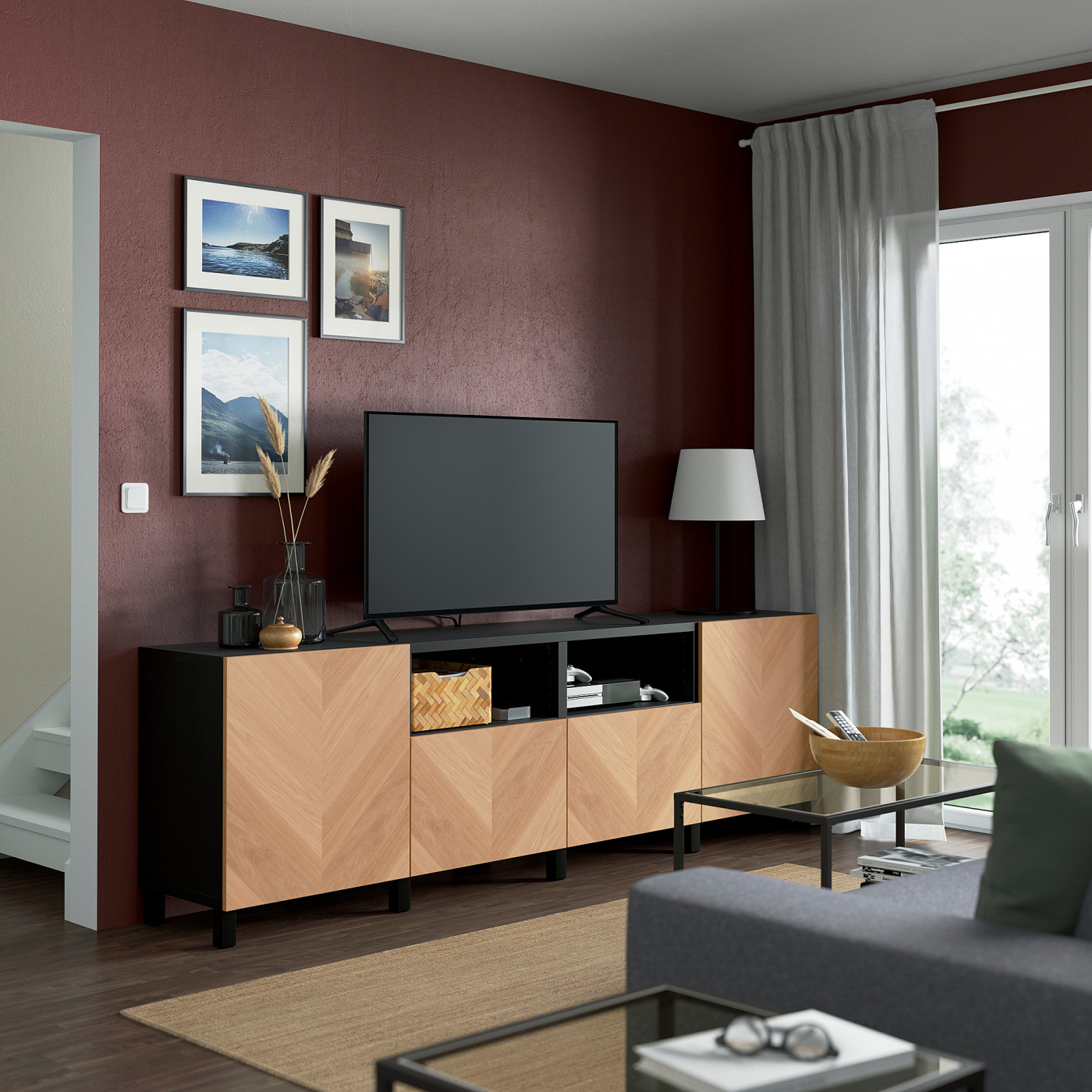 BESTÅ TV bench with doors and drawers black-brown/Hedeviken