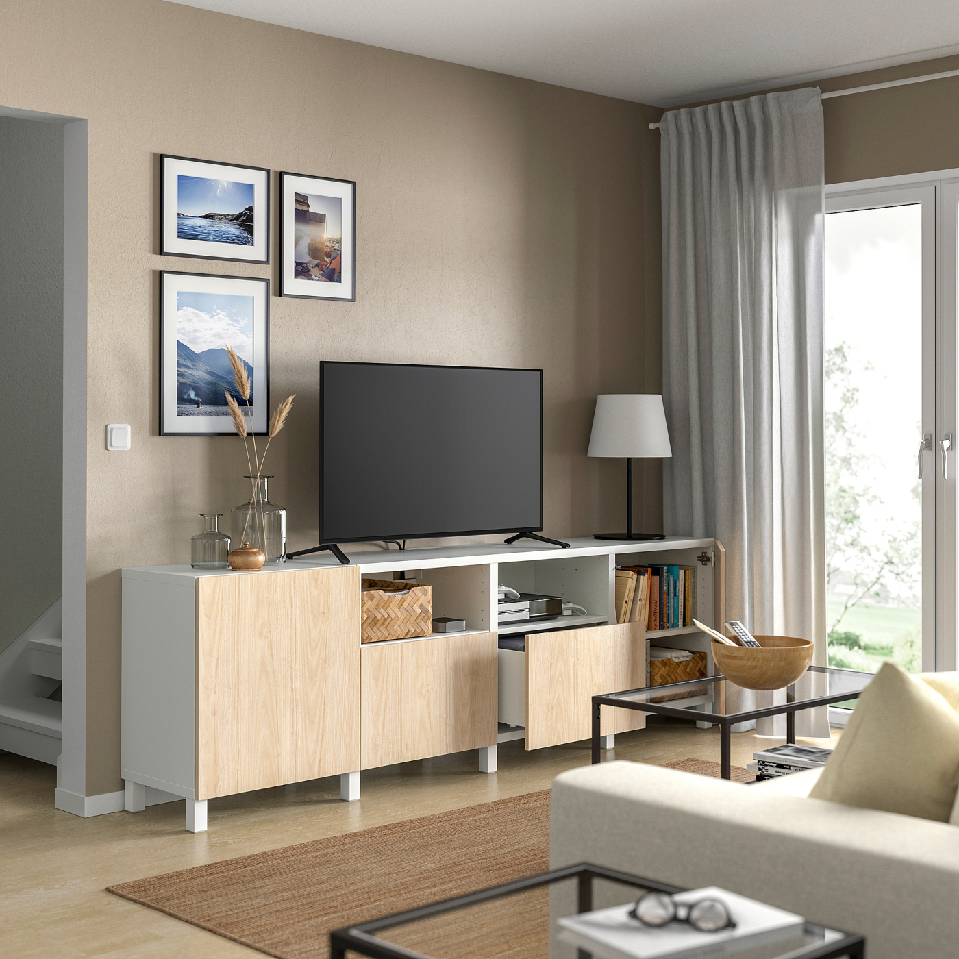 BESTÅ TV bench with doors and drawers white/Fänrik/Stubbarp ash - IKEA