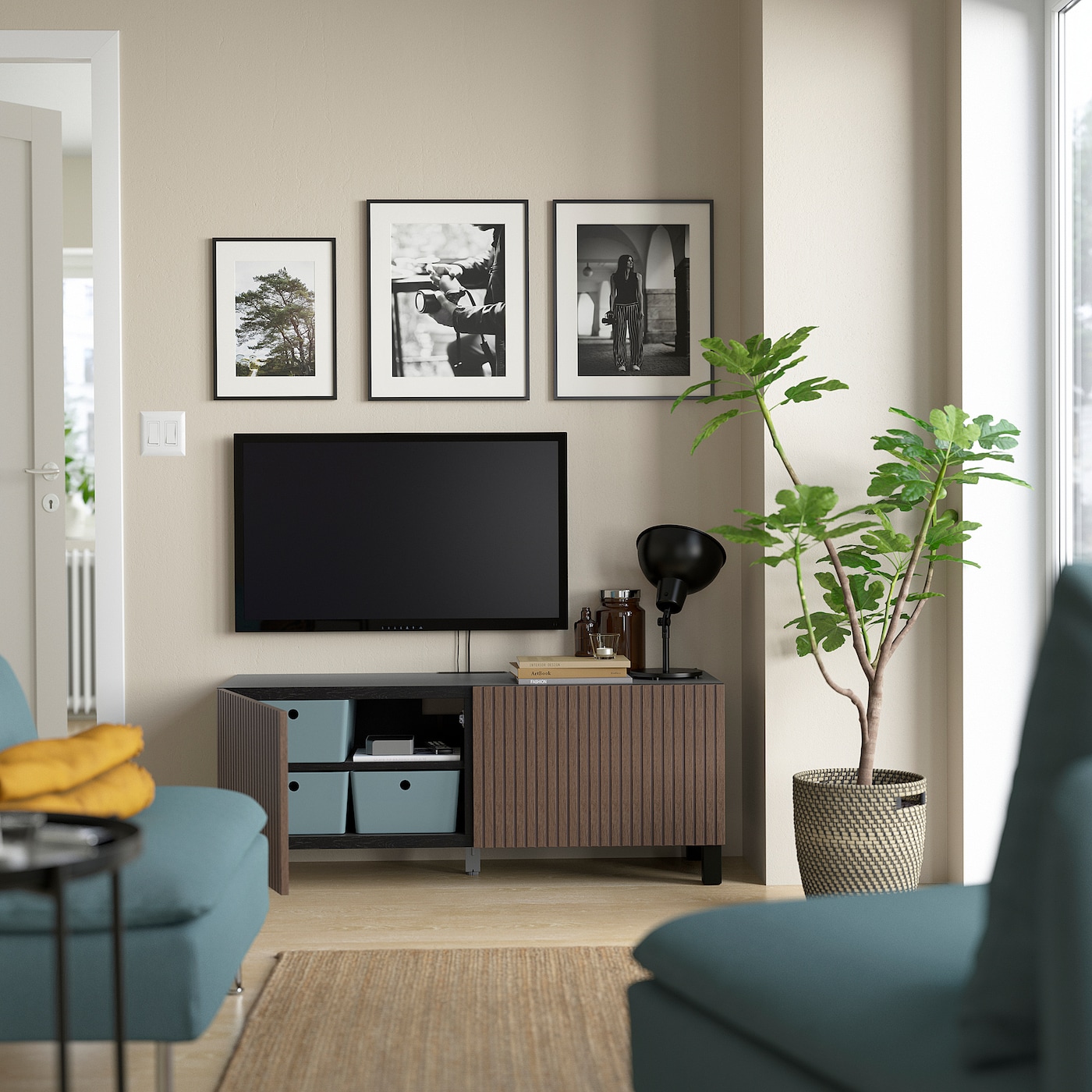 BESTÅ TV bench with doors black-brown Björköviken/Stubbarp
