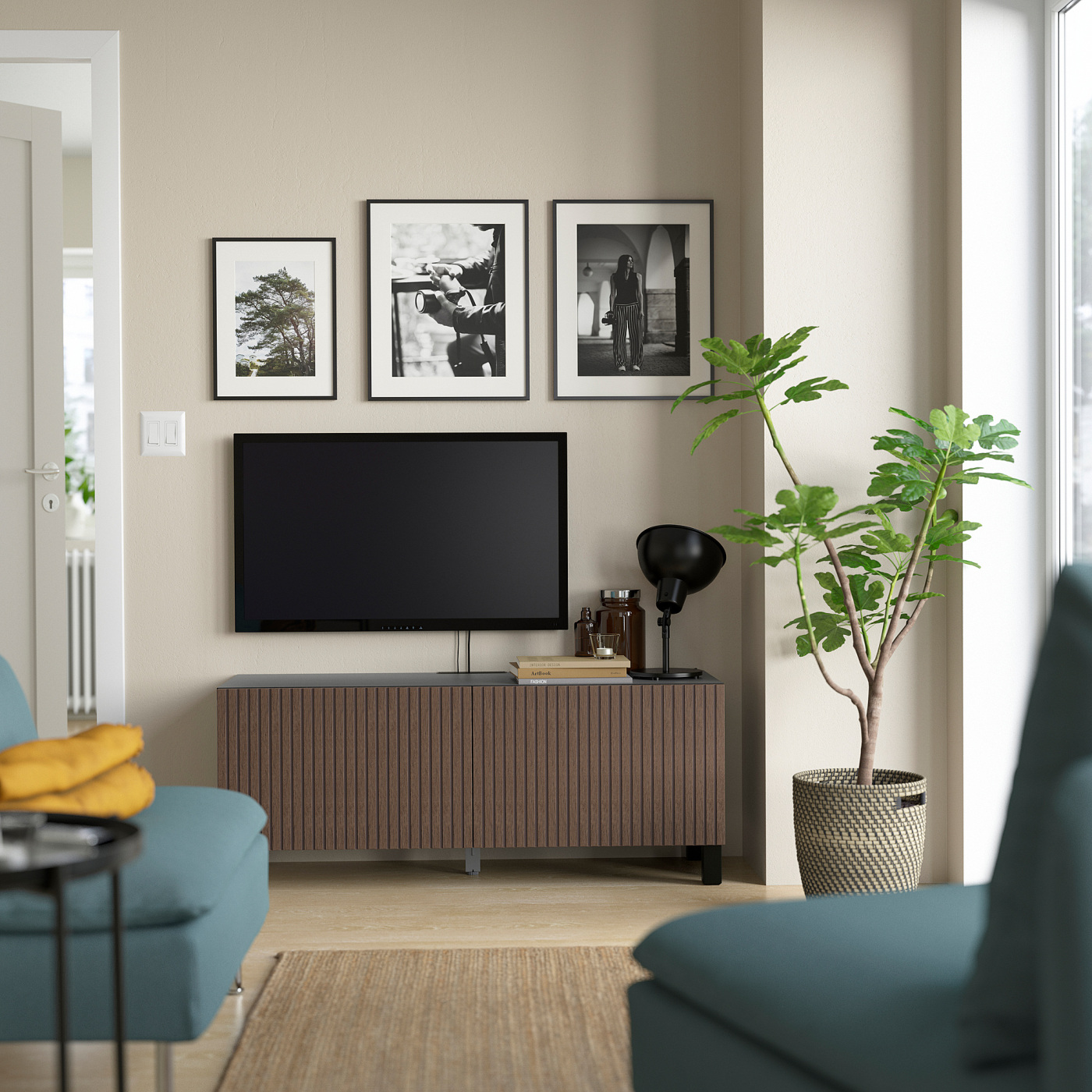BESTÅ TV bench with doors black-brown Björköviken/Stubbarp/brown