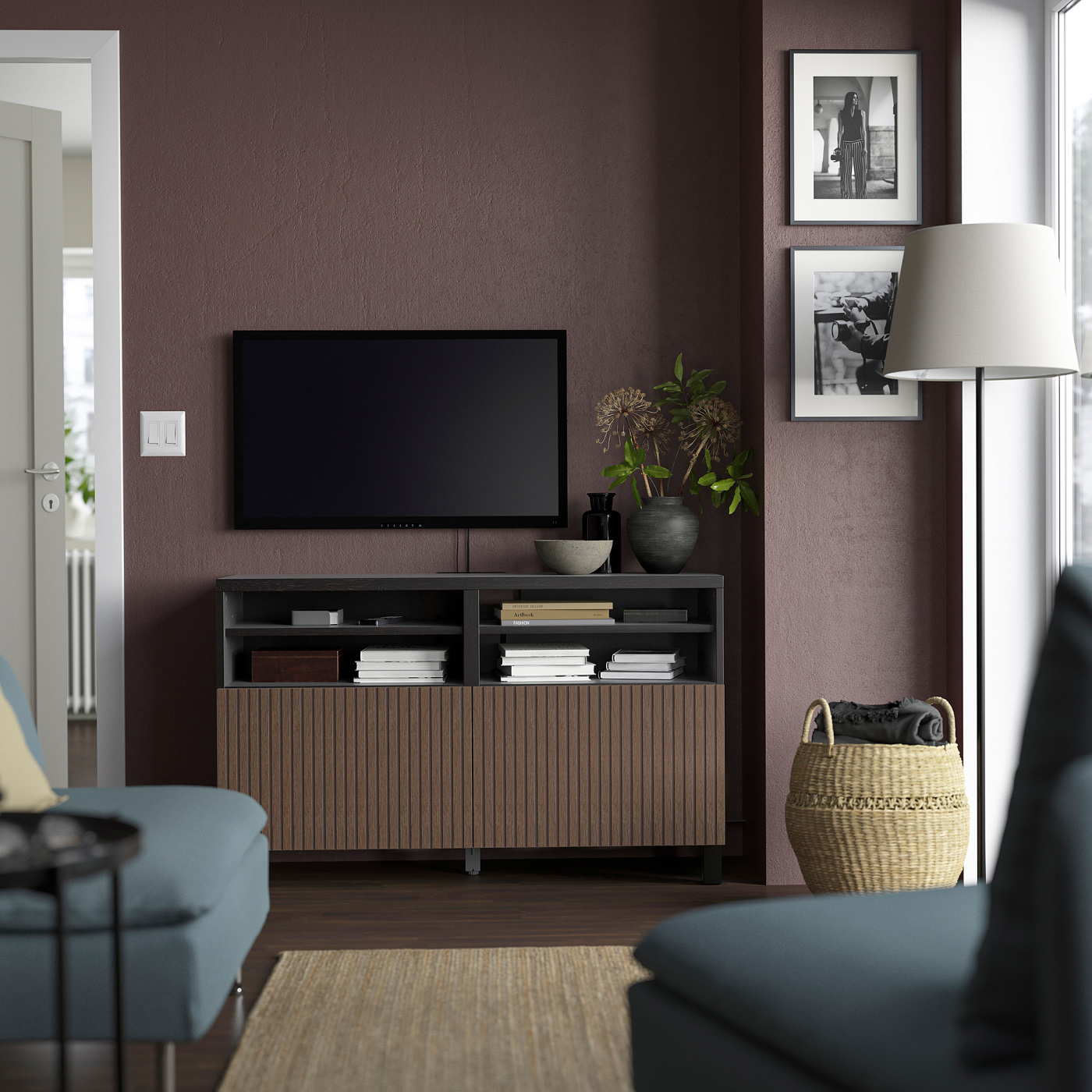BESTÅ TV bench with doors black-brown Björköviken/Stubbarp/brown