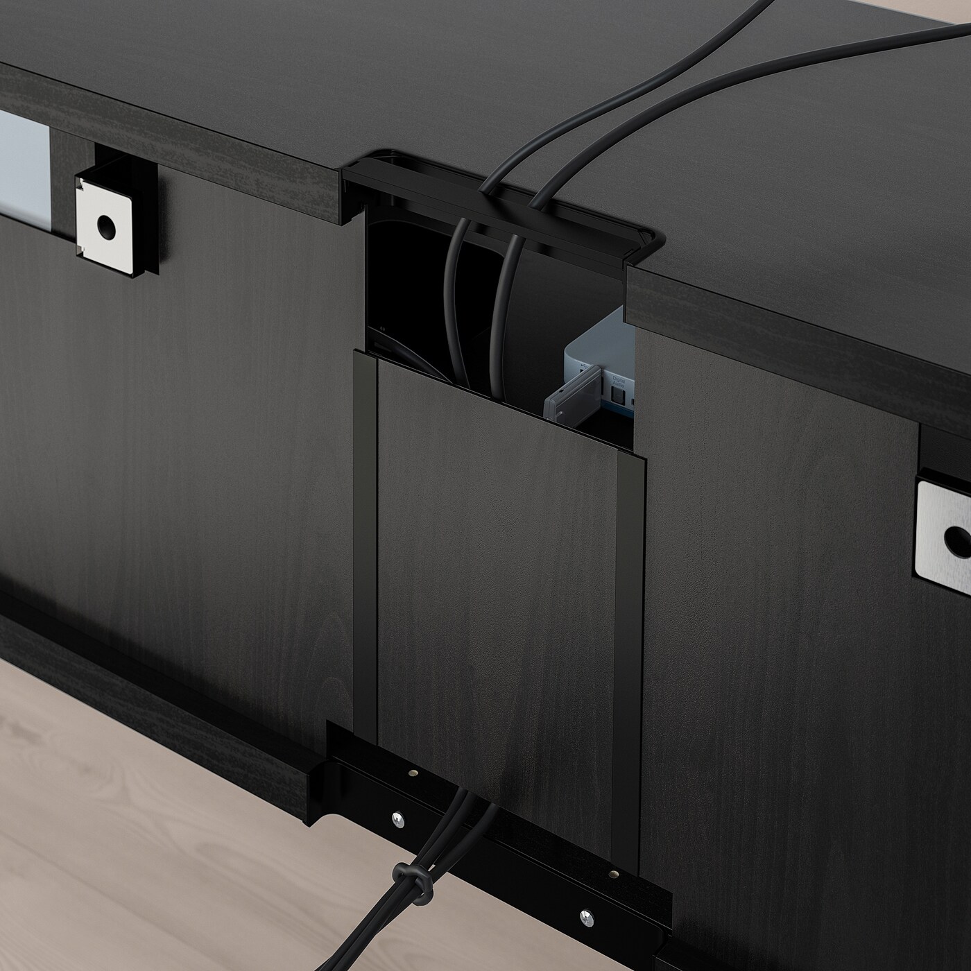 BESTÅ TV bench with doors black-brown/Kallviken concrete
