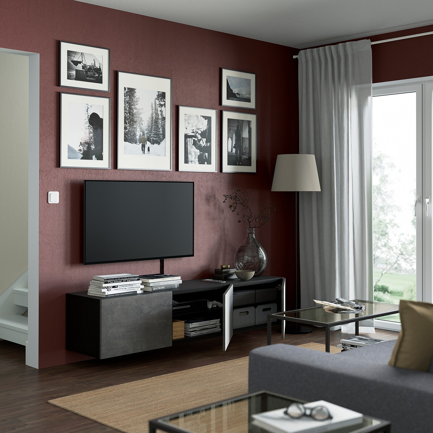 BESTÅ TV bench with doors black-brown/Kallviken concrete