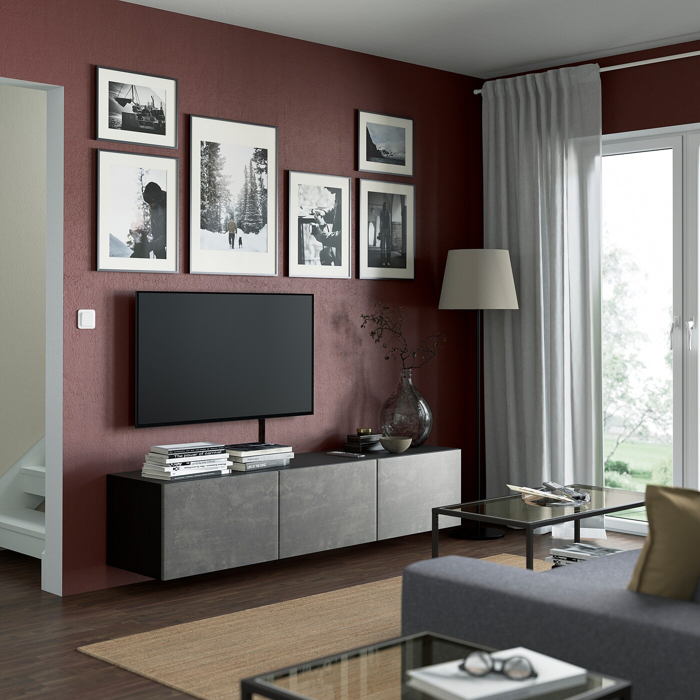 BESTÅ TV bench with doors black-brown/Kallviken concrete BESTÅ TV bench with doors black-brown/Kallviken concrete