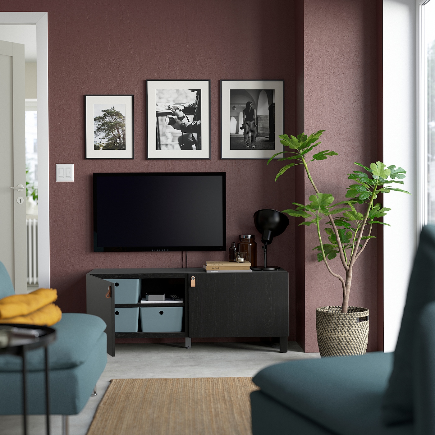 BESTÅ TV bench with doors black-brown/Lappviken/Stubbarp