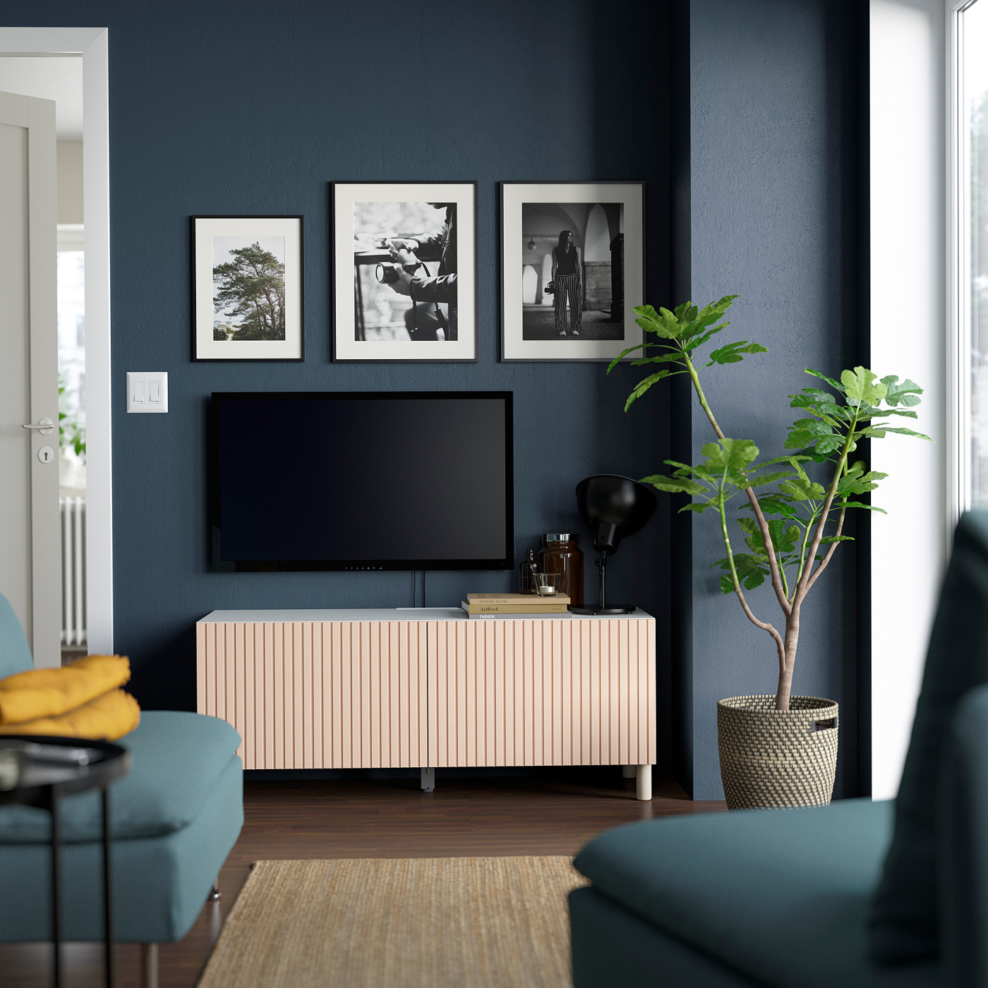 BESTÅ TV bench with doors white Björköviken/Mejarp/birch veneer - IKEA