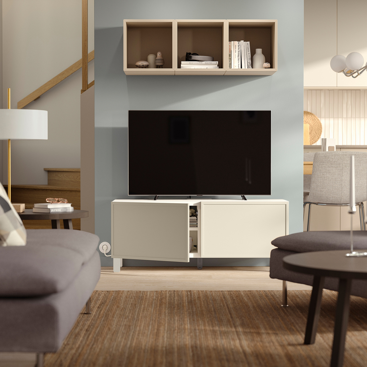 BESTÅ TV bench with doors white/Krukmakare beige - IKEA