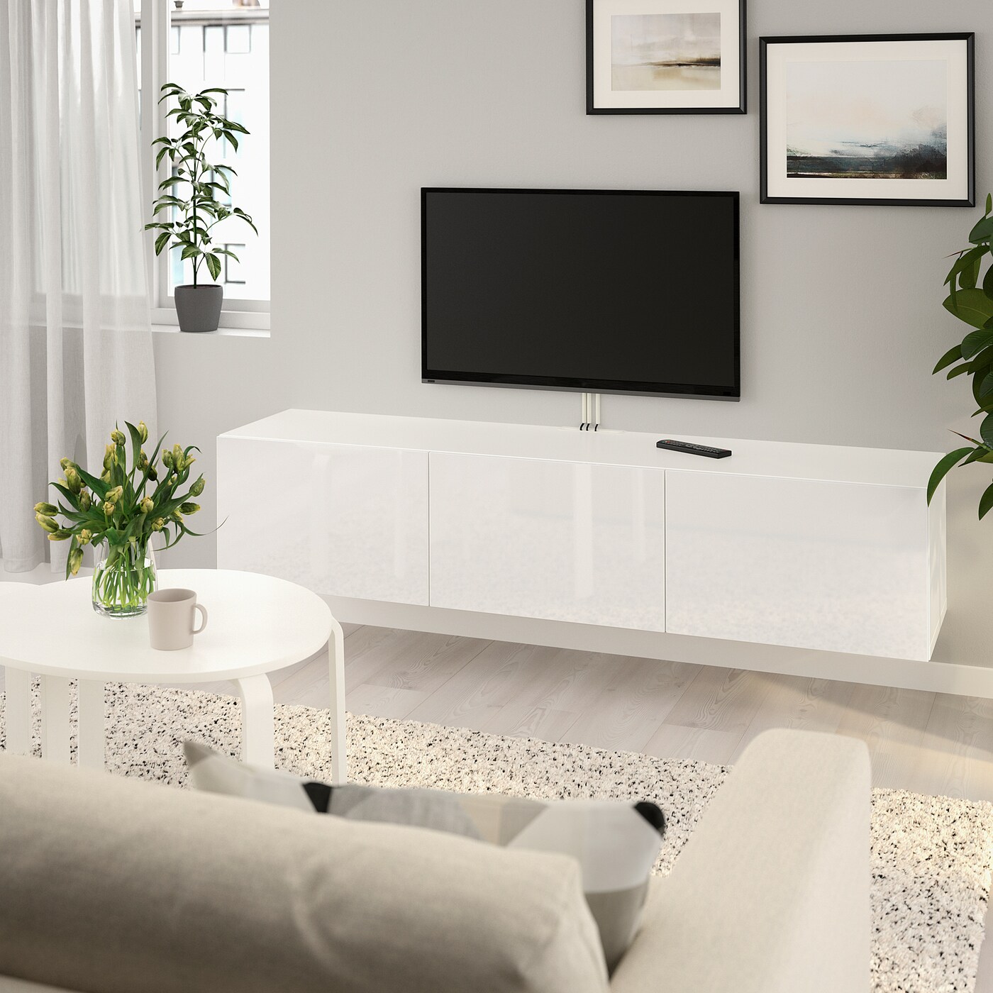 BESTA TV bench with doors white Selsviken high gloss white IKEA