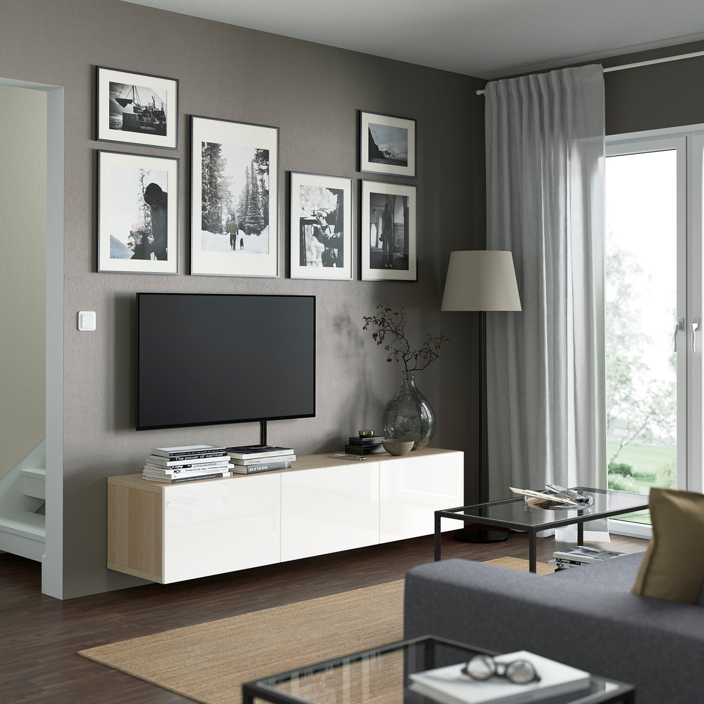 BESTÅ TV bench with doors white stained oak effect/Selsviken high