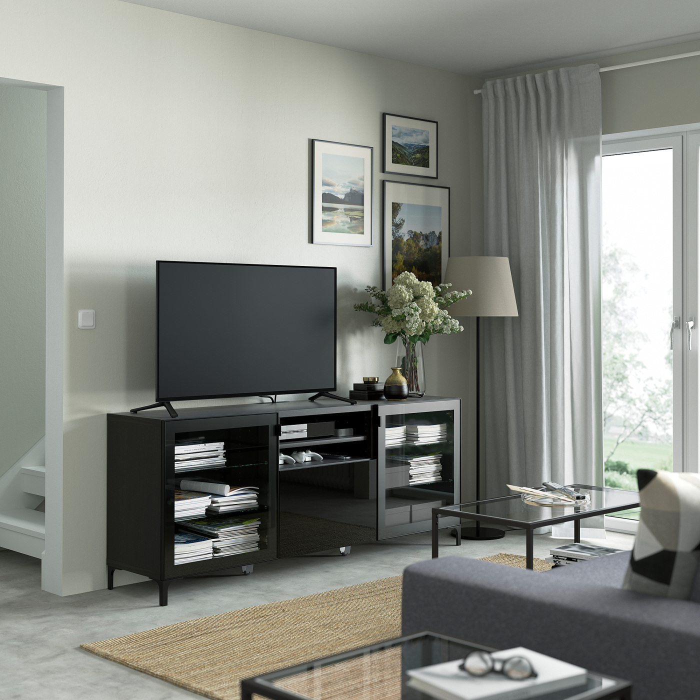 BESTÅ TV bench with drawers black-brown Glassvik/Selsviken/Nannarp