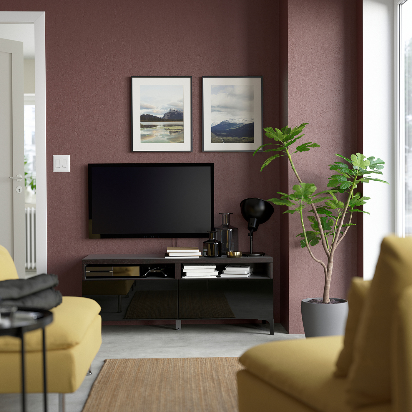 BESTÅ TV bench with drawers black-brown/Selsviken/Nannarp high
