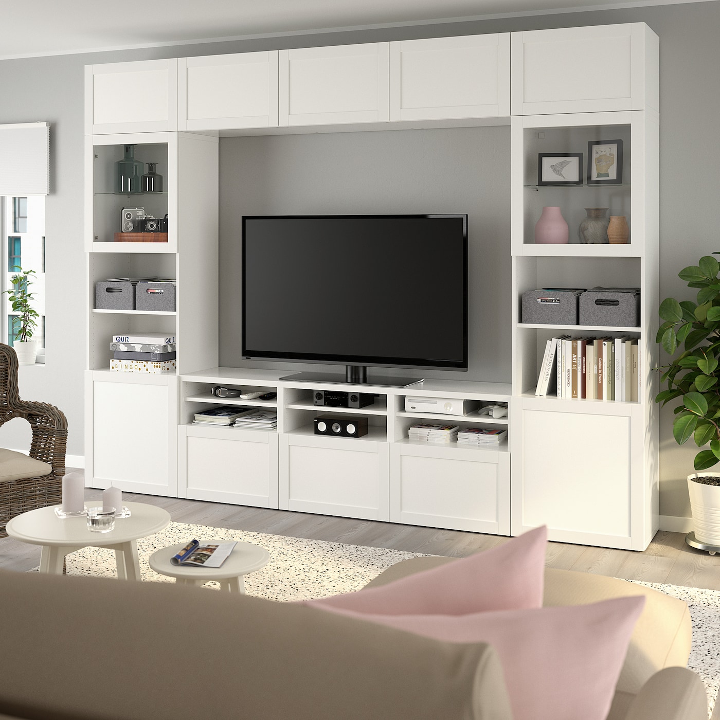 BESTA TV storage combination glass doors white Hanviken white clear glass IKEA