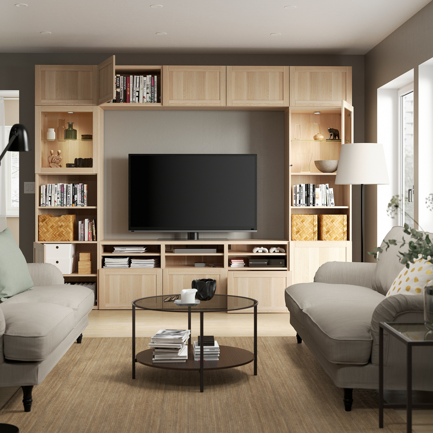 BESTÅ TV storage combination/glass doors white stained oak effect