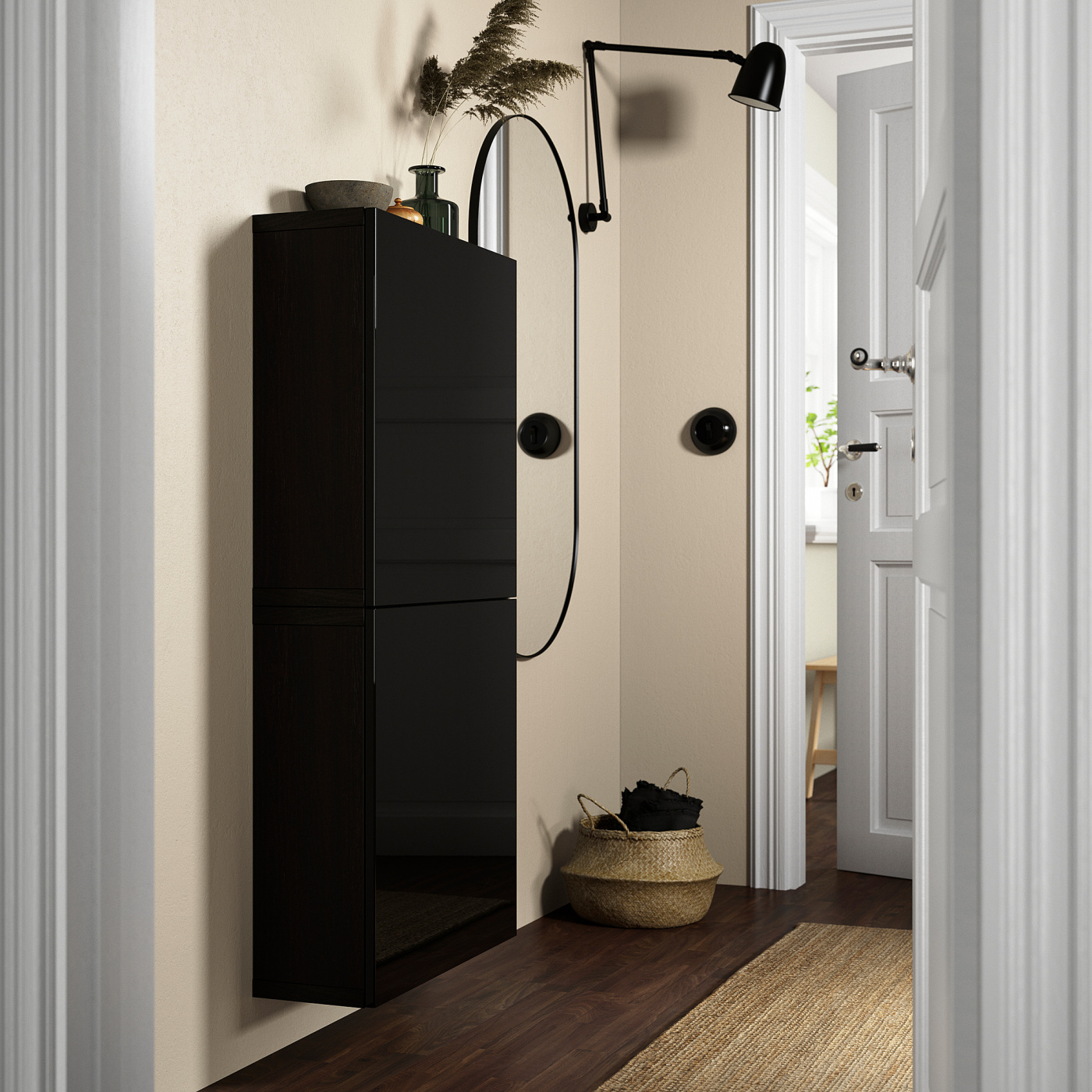 BESTÅ wall cabinet with 2 doors black-brown/Selsviken high-gloss