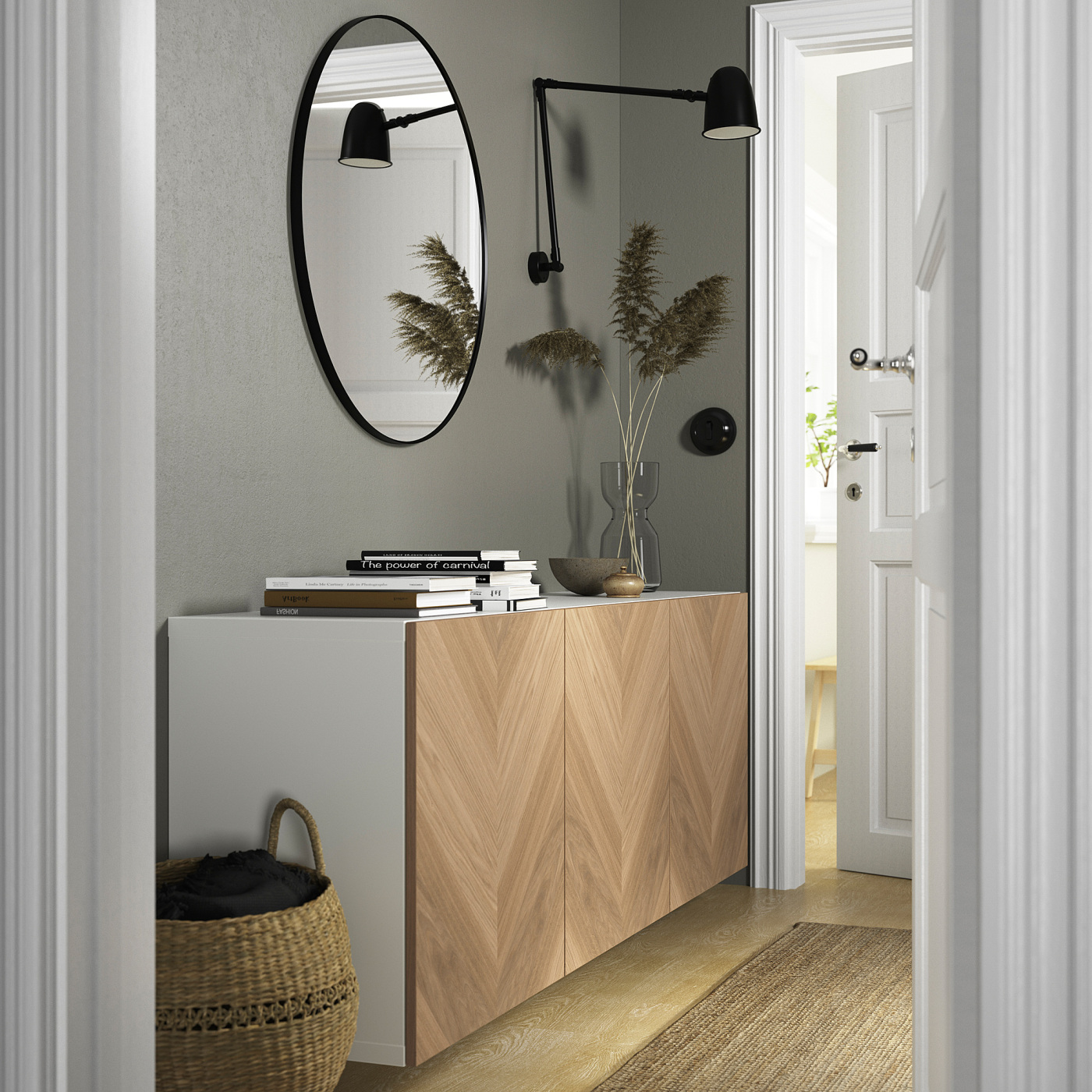 BESTÅ wall-mounted cabinet combination white/Hedeviken oak veneer