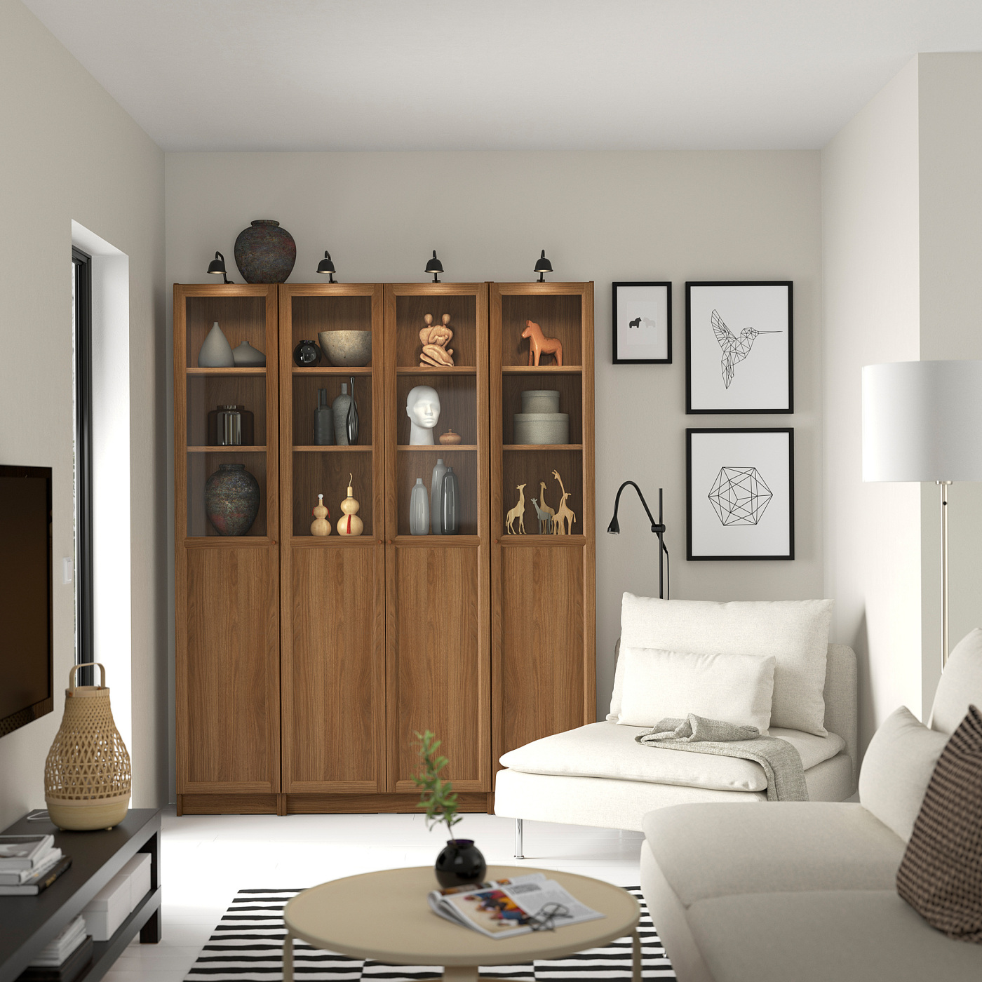 BILLY / OXBERG bookcase comb w panel/glass doors brown walnut