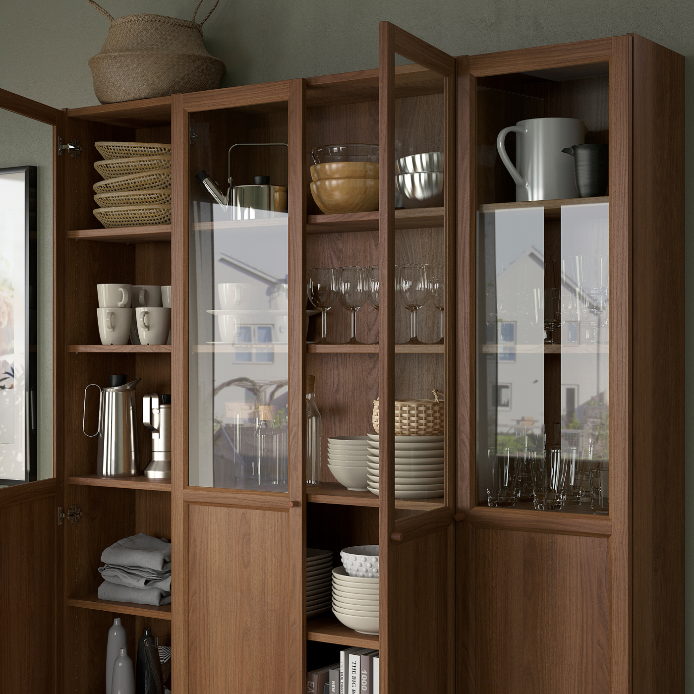 BILLY / OXBERG bookcase comb w panel/glass doors brown walnut