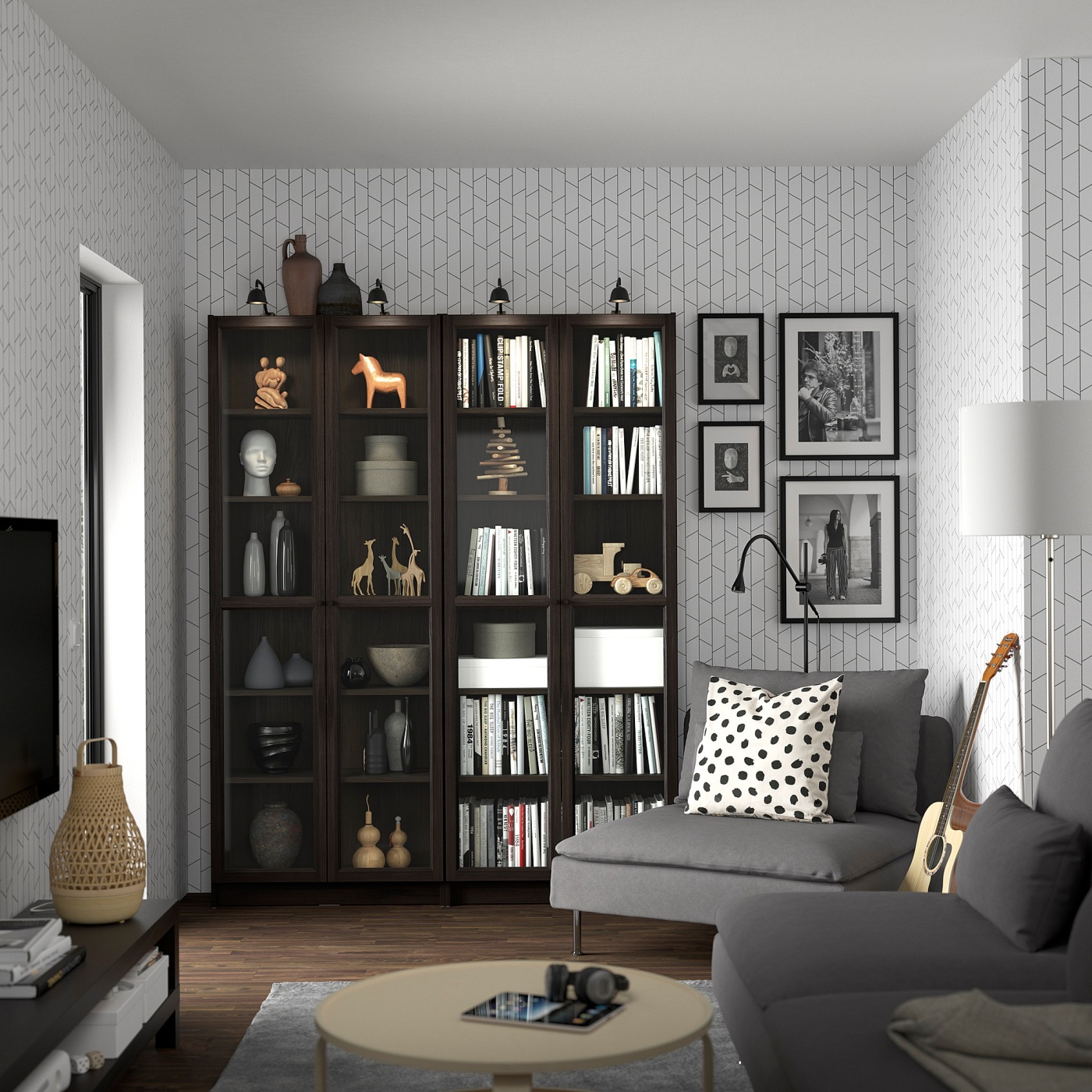 BILLY / OXBERG bookcase combination w glass doors dark brown/oak