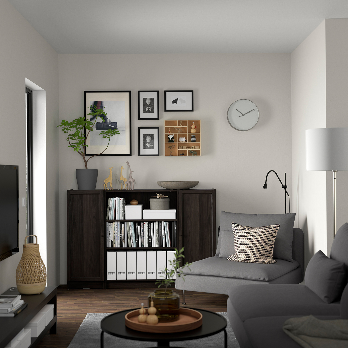 BILLY / OXBERG bookcase combination with doors dark brown oak