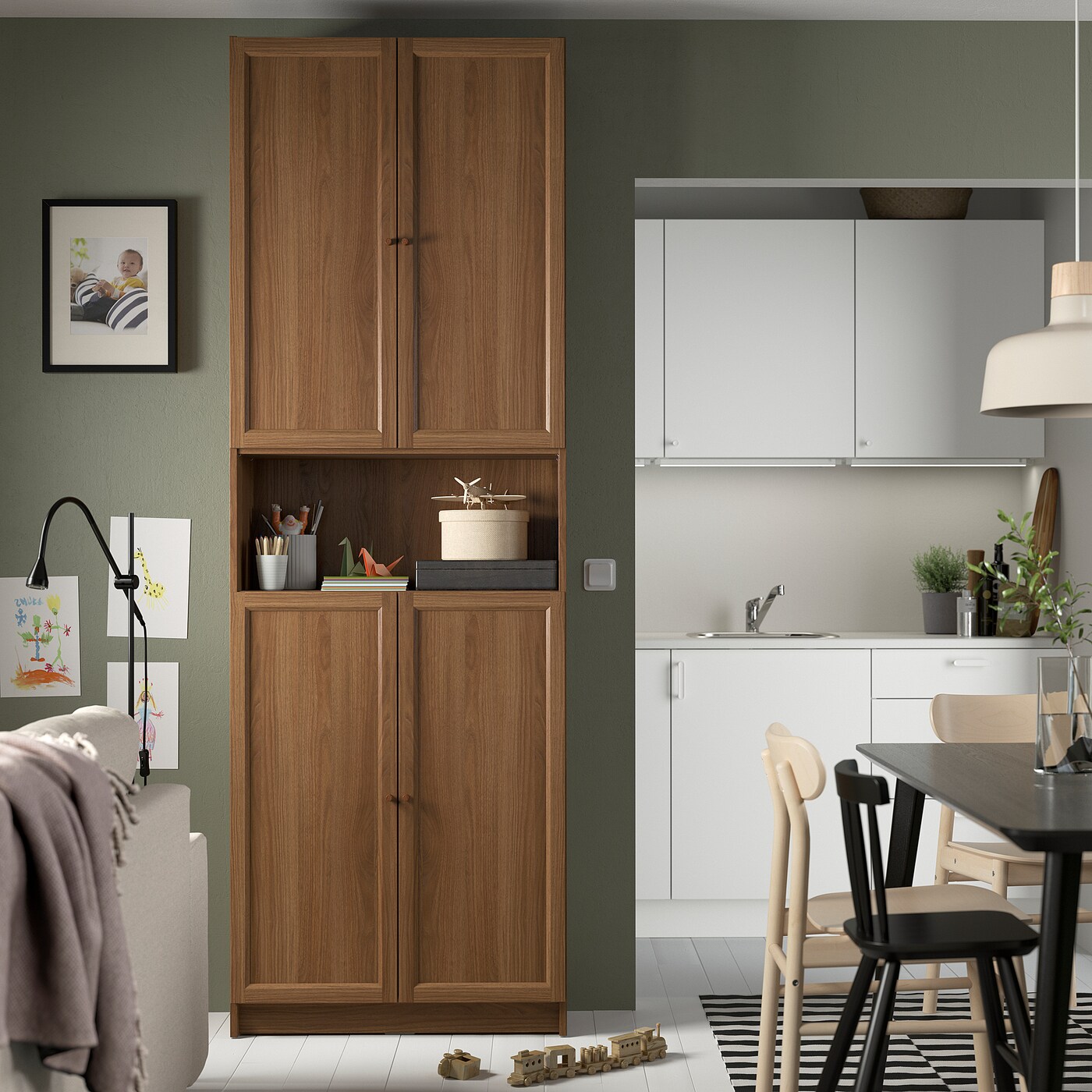 BILLY / OXBERG bookcase w doors/extension unit brown walnut effect