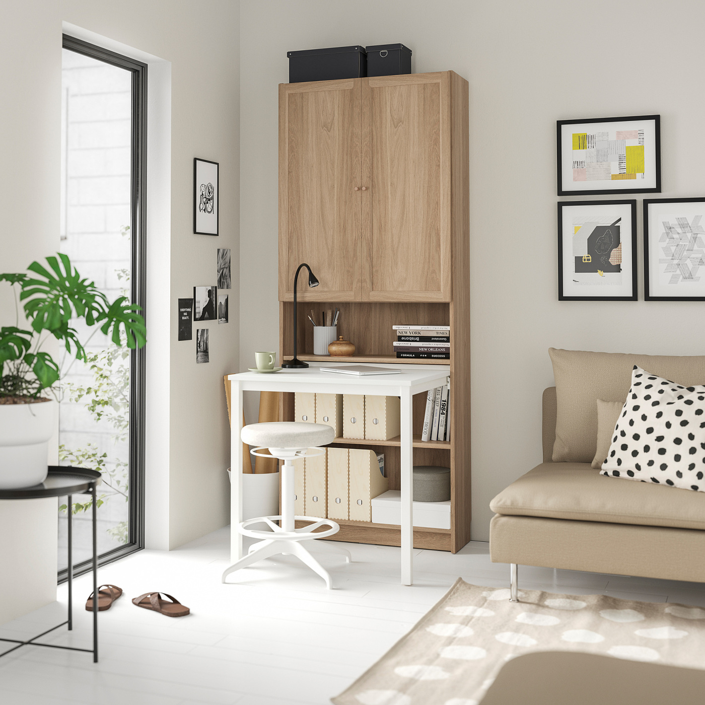 BILLY / OXBERG Bookcase with desk oak effect/white - IKEA