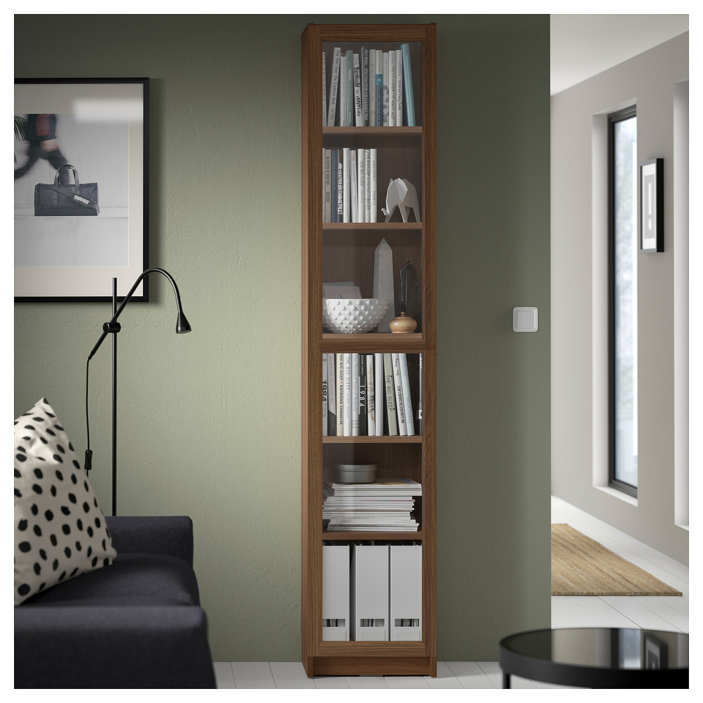 BILLY / OXBERG bookcase with glass door brown walnut effect/clear