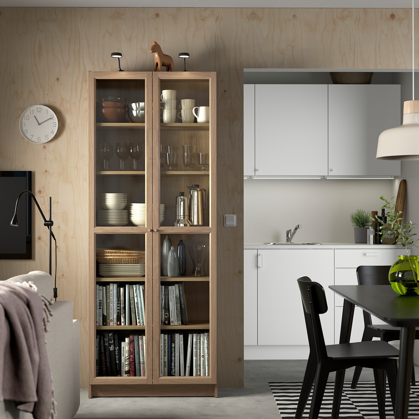 BILLY / OXBERG bookcase with panel/glass doors brown walnut