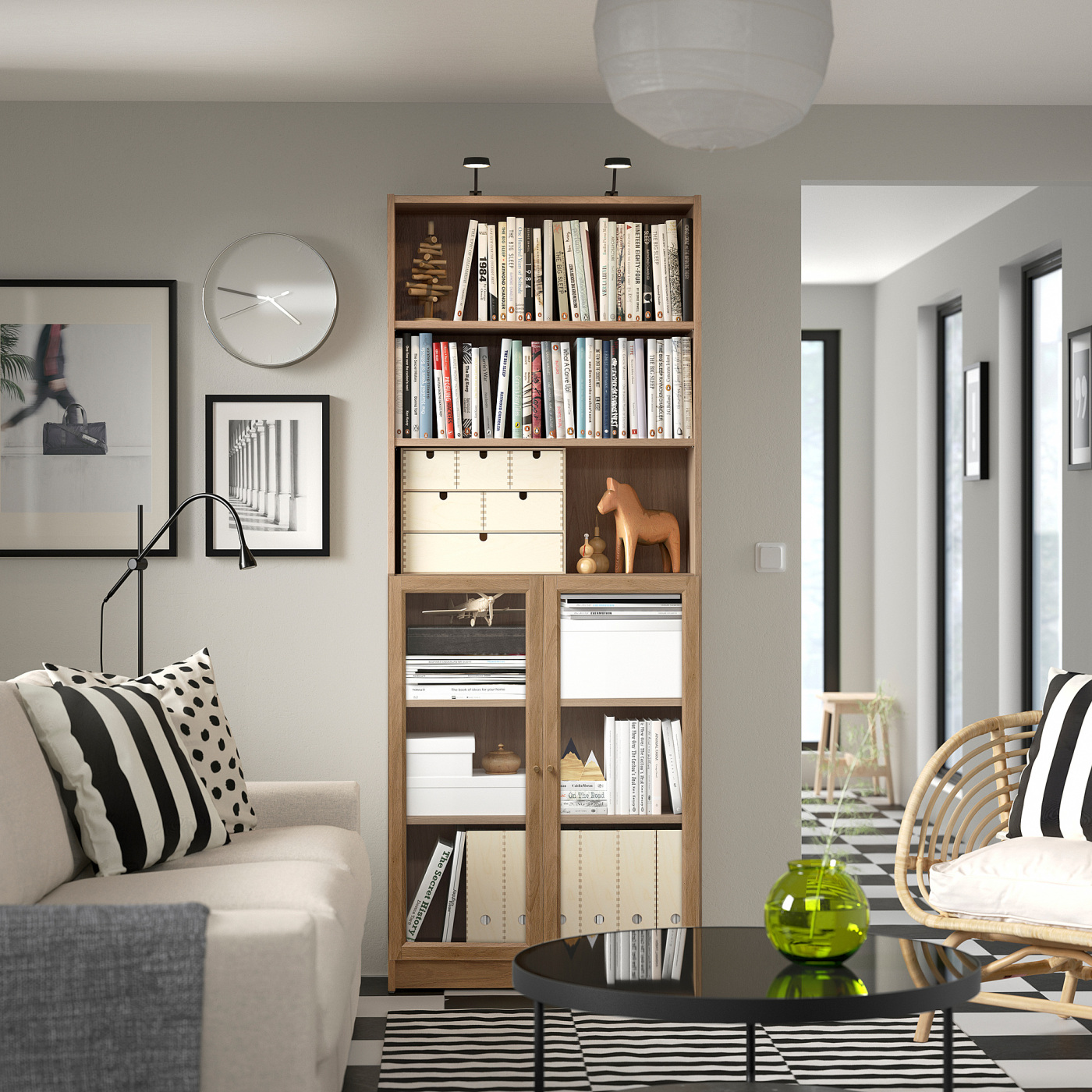 BILLY / OXBERG bookcase with glass doors oak effect - IKEA