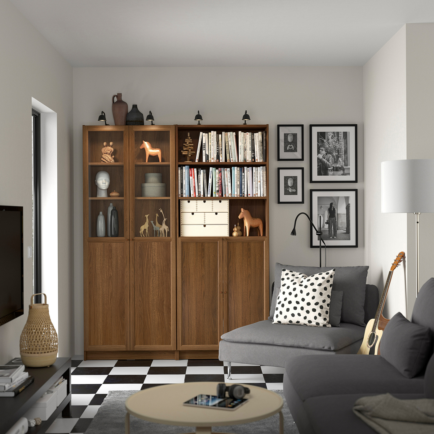 BILLY / OXBERG bookcase with panel/glass doors brown walnut effect