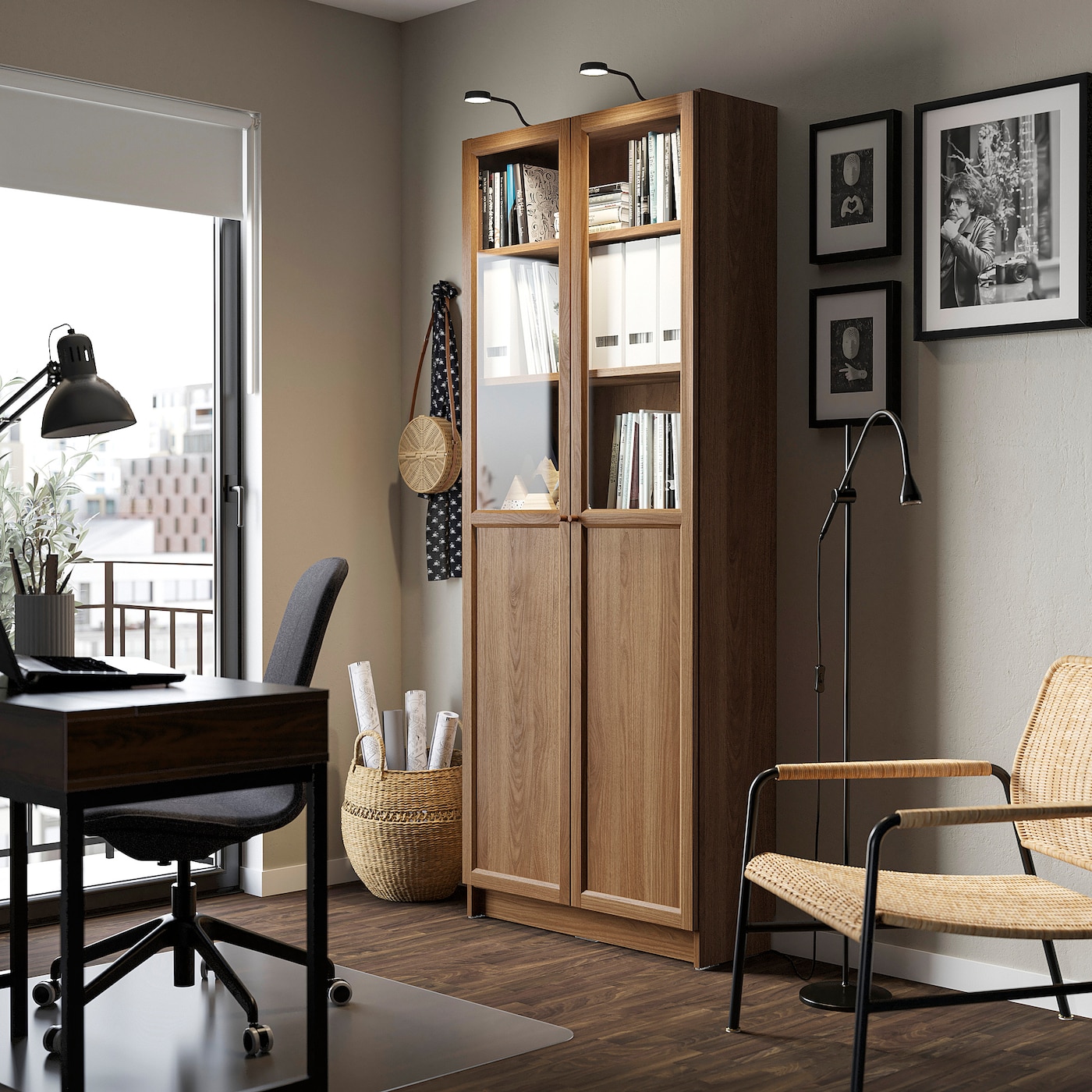 品質が完璧 with bookcase OXBERG / BILLY panel/glass walnut brown doors 木製ラック・ウッドラック