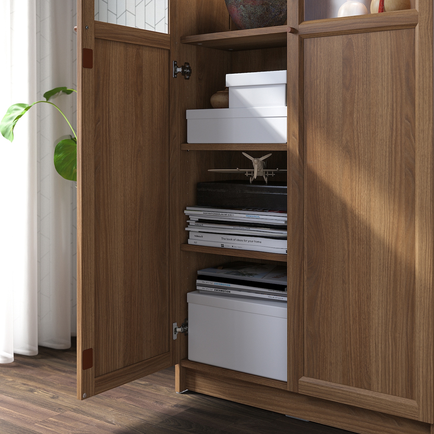 BILLY / OXBERG bookcase with panel/glass doors brown walnut
