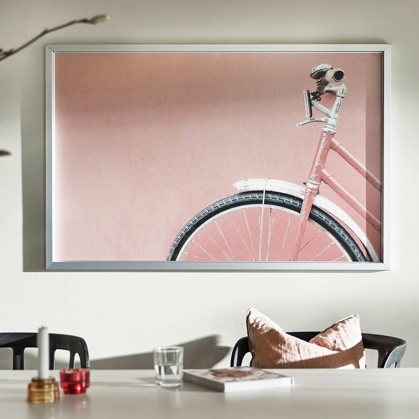 BJÖRKSTA picture with frame pink bicycle/aluminium-colour - IKEA