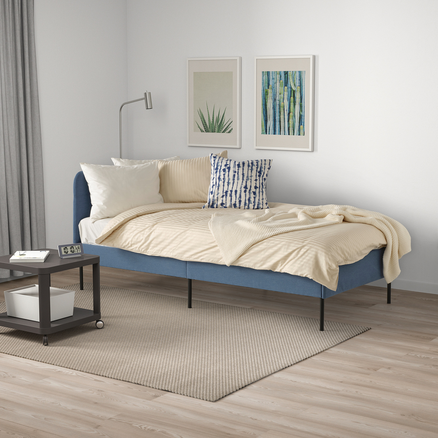 BLÅKULLEN uph bed frame with corner headboard Knisa medium blue - IKEA