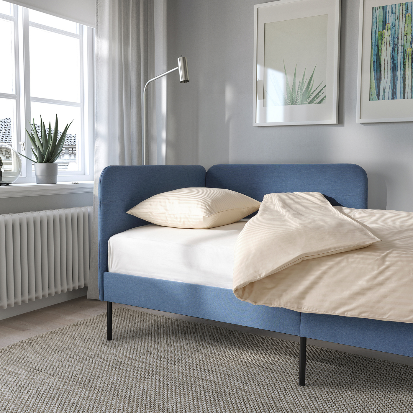 BLÅKULLEN uph bed frame with corner headboard Knisa medium blue - IKEA