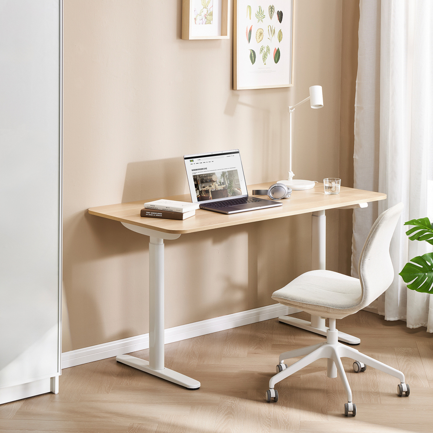 BOLLSIDAN desk sit/stand electric white stained oak effect/white