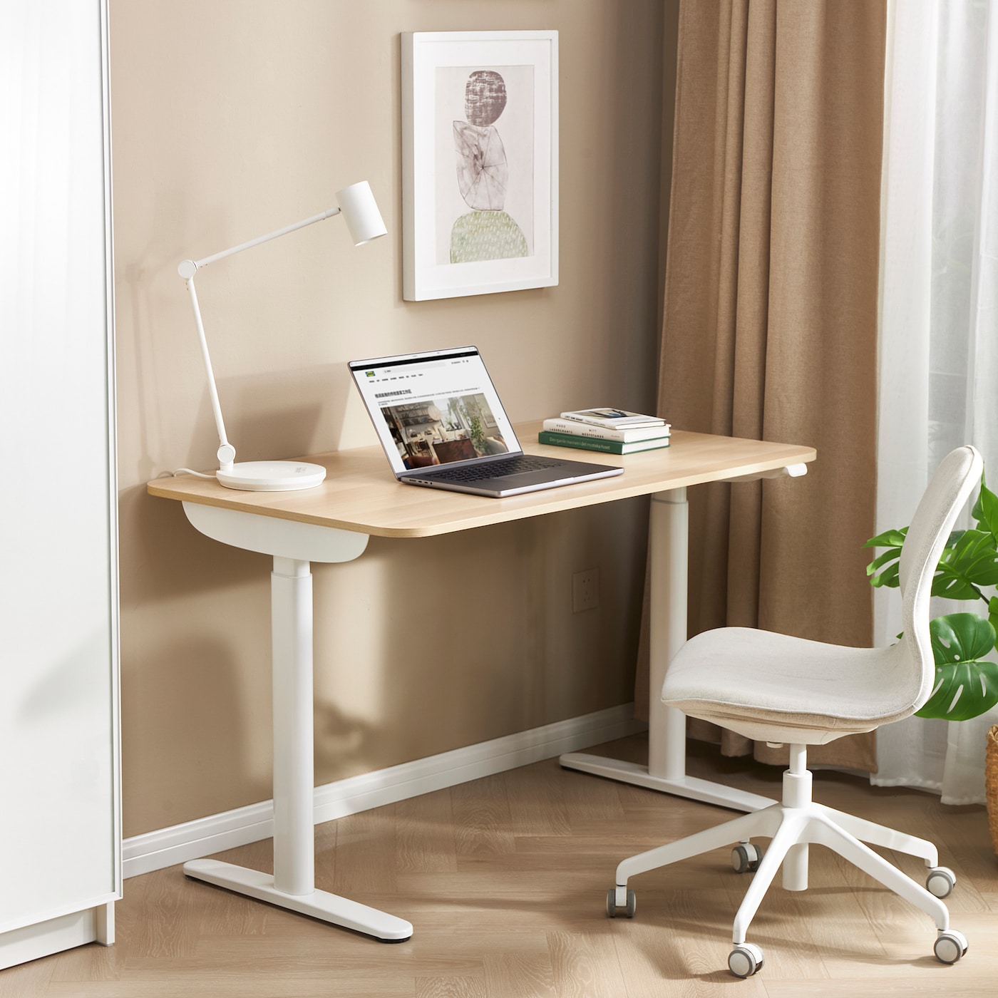 BOLLSIDAN desk sit/stand electric white stained oak effect/white